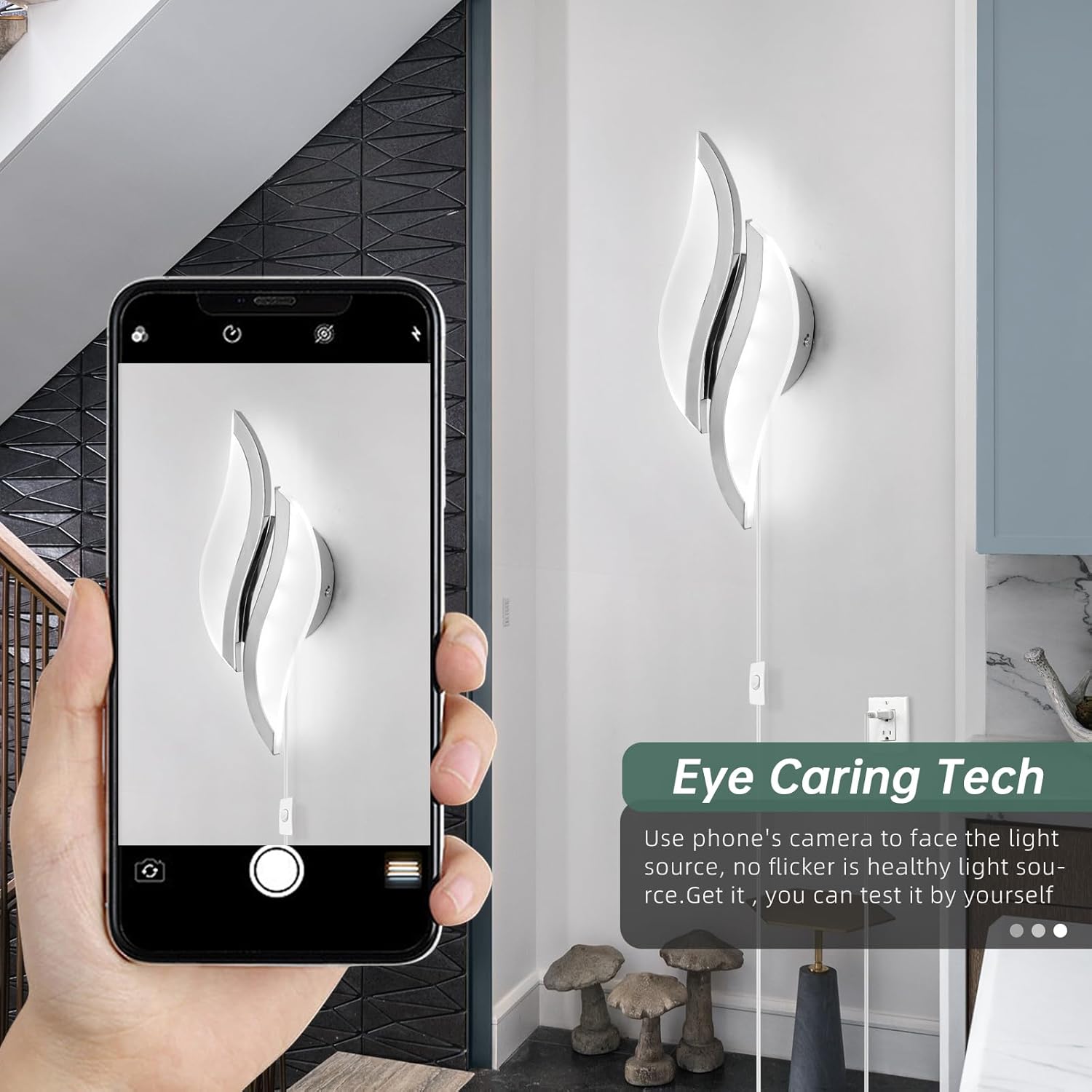 CANEOE Plug in Wall Sconces Set of Two 6000K Chrome Modern LED Wall Light Fixtures Acrylic Wall Sconce Lighting for Living Room Bedroom Bedside Bathroom Hallway Stairway Wall Lamp