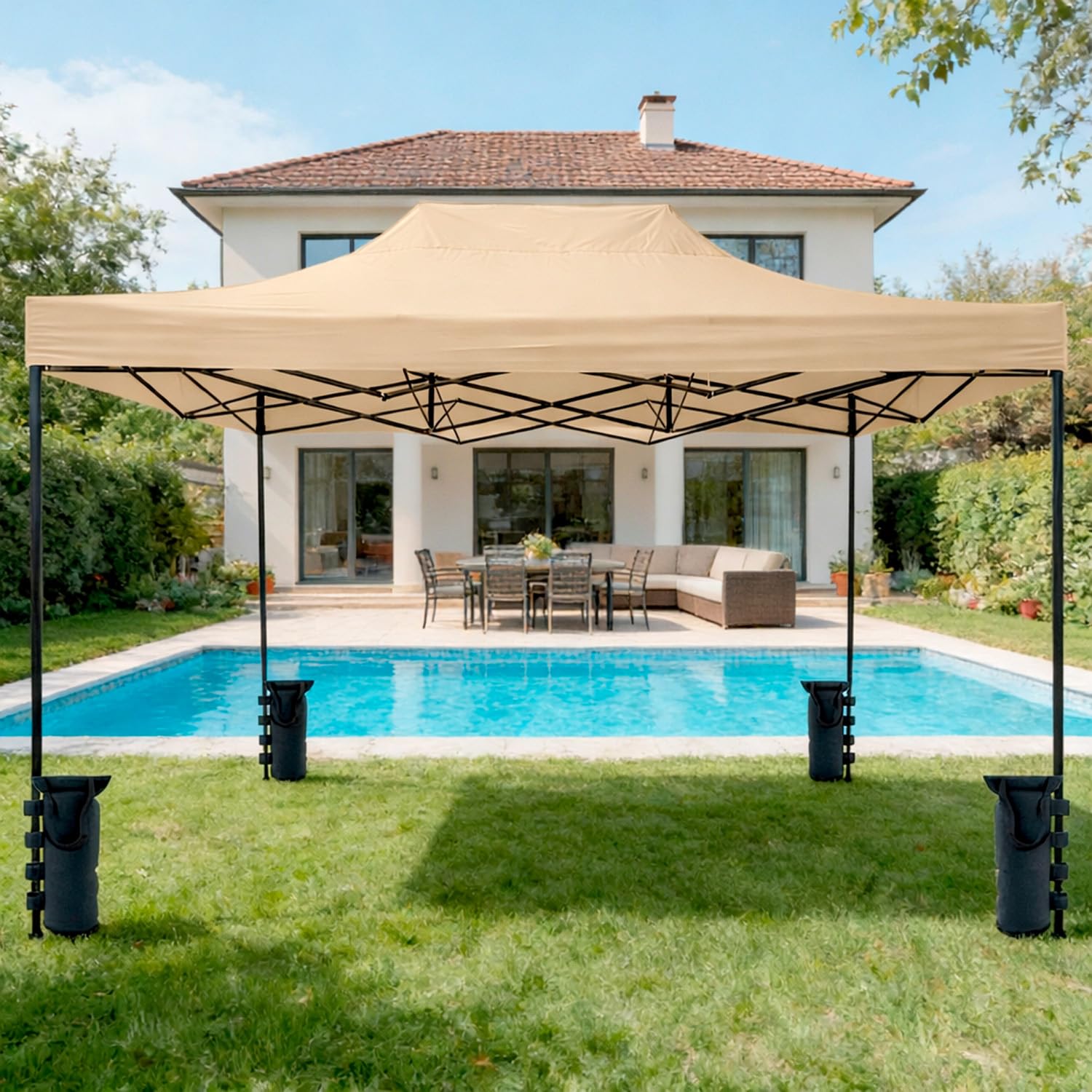 Gazebo Professionale 3x4.5 M Richiudibile Automatico In Acciaio Con Telo Oxford 1200D PVC Impermeabile e Anti UV Struttura a Fisarmonica con Sacche Zavorra e Borsa Trasporto Sagre Feste (Beige)