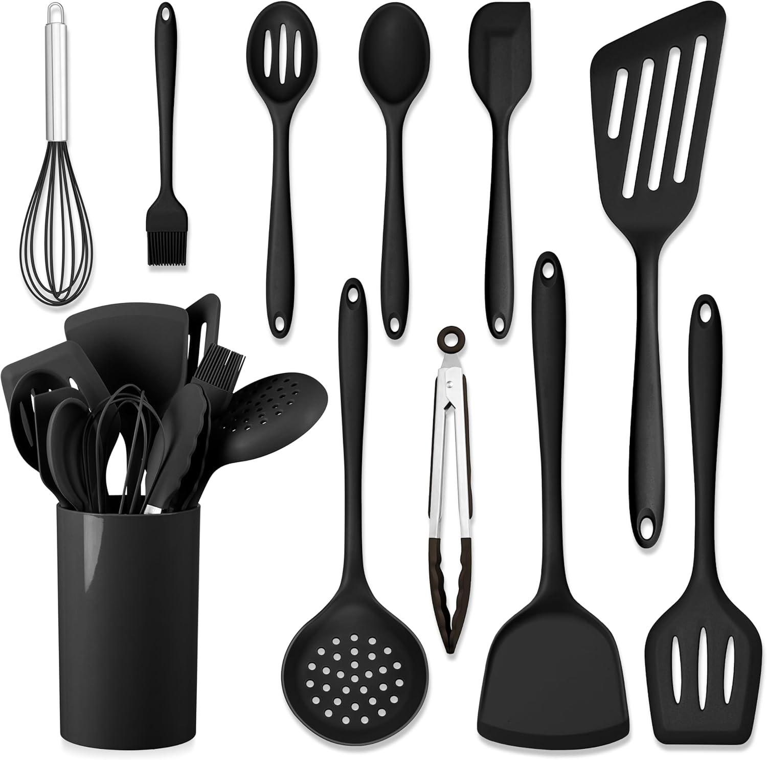 HaWare 11 PCS Silicone Cooking Utensils Set, Heat Resistant Kitchen Utensils with Holder, Food-grade Spatula Sets for Nonstick Cookware, Kitchen Tools Gadgets Include Fish Turner, Spoon (Black) HaWare 11 PCS Silicone Cooking Utensils Set, Heat Resistant Kitchen Utensils with Holder, Food-grade Spatula Sets for Nonstick Cookware, Kitchen Tools Gadgets Include Fish Turner, Spoon (Black)
