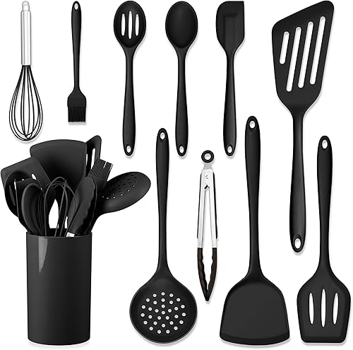 HaWare Juego de 11 utensilios de cocina de silicona, resistentes al calor, con soporte, espátula de grado alimenticio para utensilios de cocina