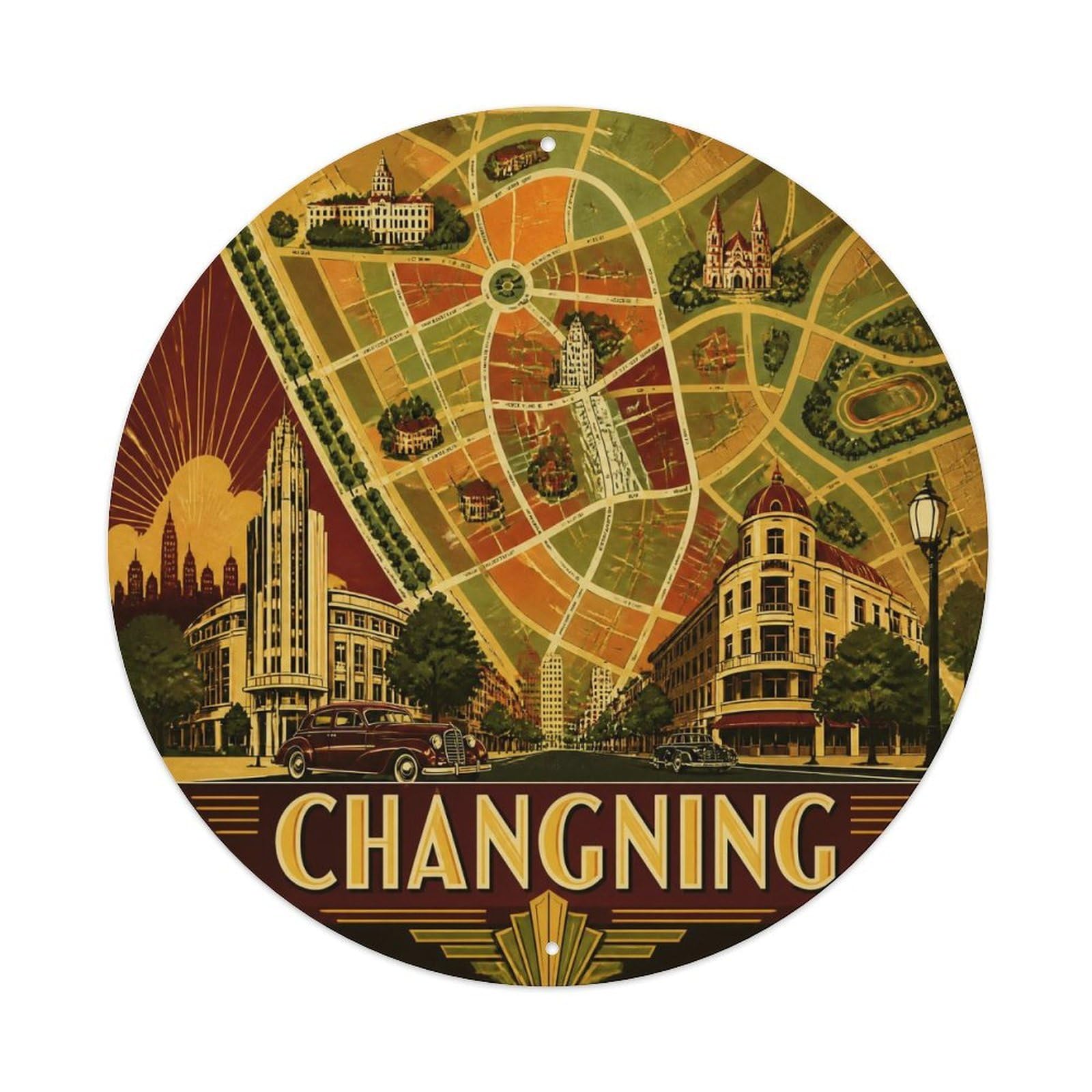 Okngb Style Shanghai Changning District Contour Lines City Route Metal Tin Sign Plaque Wall Decor For Cafe, Man Cave, Club Bar, Office, Home Garden Round Metal Poster 8X8inch