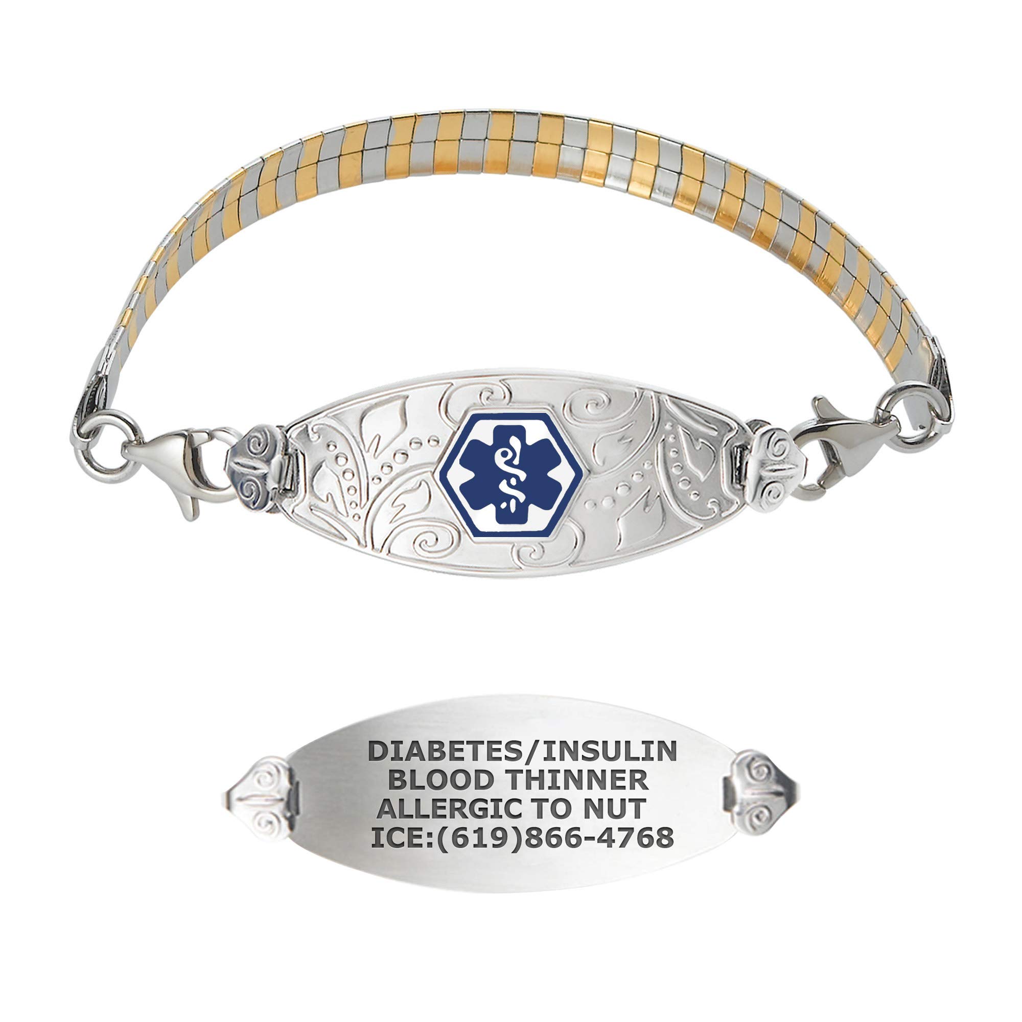 Divoti Custom Engraved Medical Alert Bracelets for Women, Stainless Steel Medical Bracelet, Medical ID Bracelet w/Free Engraving – Lovely Filigree Tag w/Omega PVD 2-Tone G/S – Color/Size