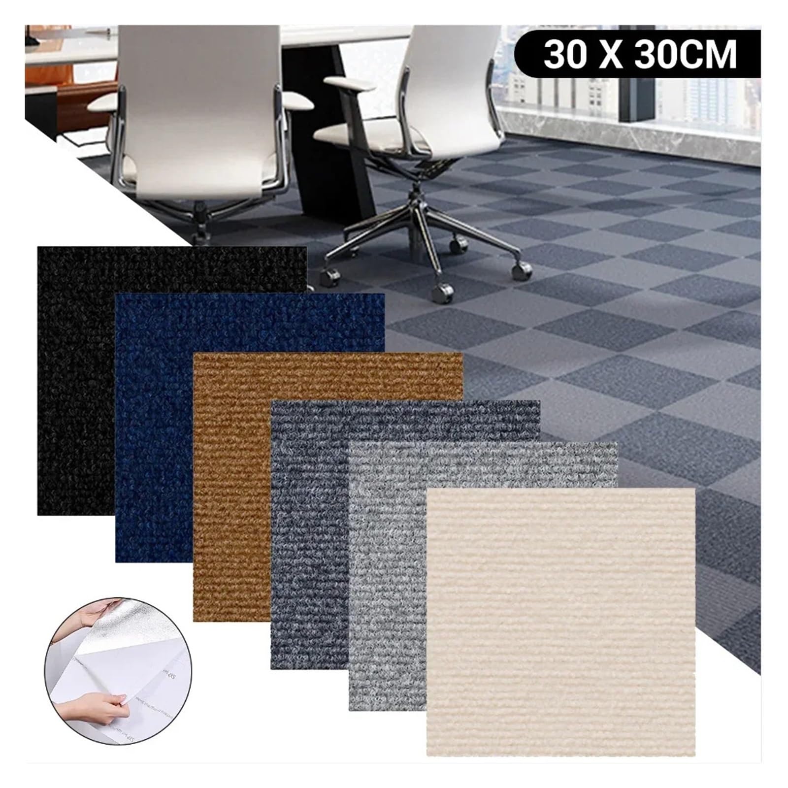Selbstklebende Teppichfliesen 1-30PCS Self Adhesive Carpet Tile Easy Peel Stick Soundproof Office Floor 30PCS Sticker Square Mat(Brown,30x30cm 24pcs)