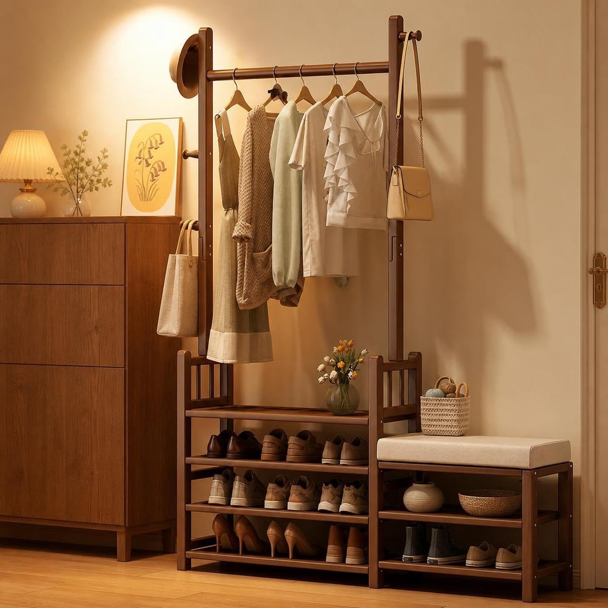 Árbol de Entrada con Perchero, Sombrero y Banco de Zapatos, Mueble de Madera Maciza, Zapatero para casa o vestidor