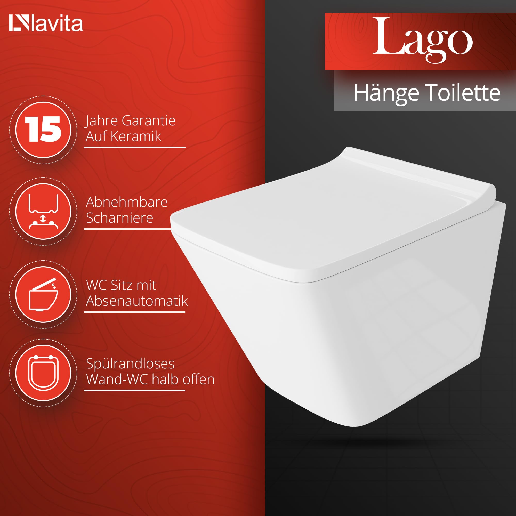 GROHE Solido + pared colgante Lago blanco sin borde + asiento de inodoro con descenso automático, botón cromado, juego completo de cisterna, inodoro completo