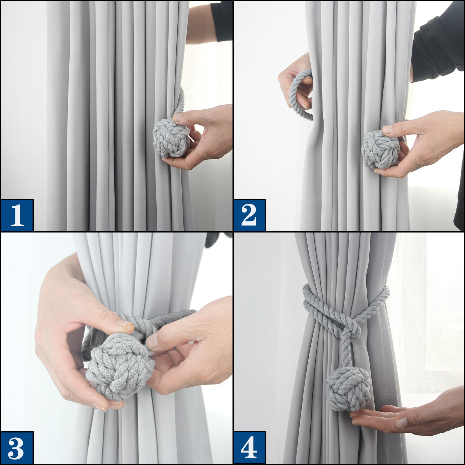 Himtop Un paio di fermatende in corda per tende a maglia a mano con sfera per la decorazione della casa (2 pezzi marrone chiaro