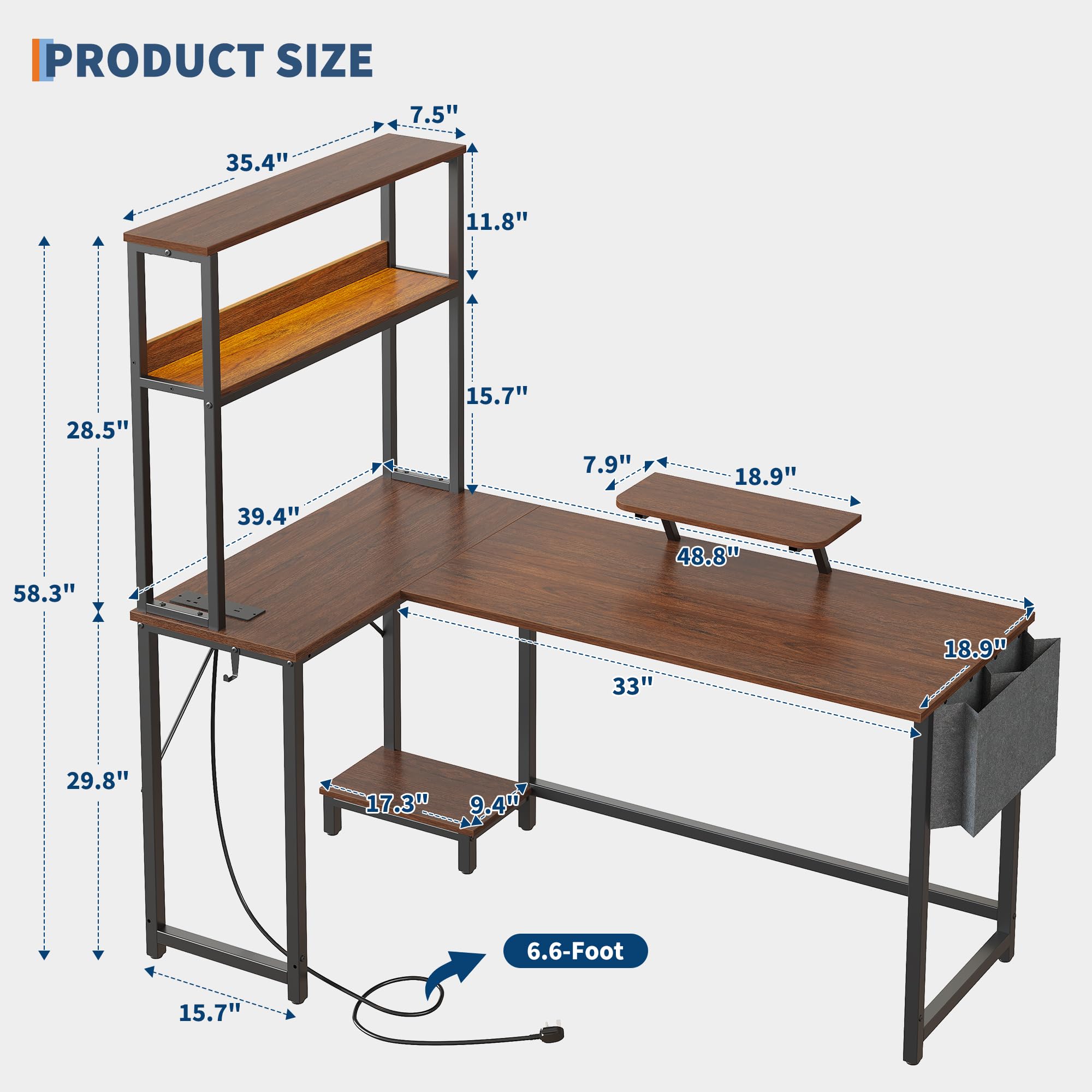 Bureau d'Angle Avec Rangement, 124x92x152cm Bureau Gaming En l Avec LED, Table Ordinateur Avec Prise Intégrée & Port USB, Table Gamer Avec Tiroir, Sac De Rangement Et Support d'Ecran, marron