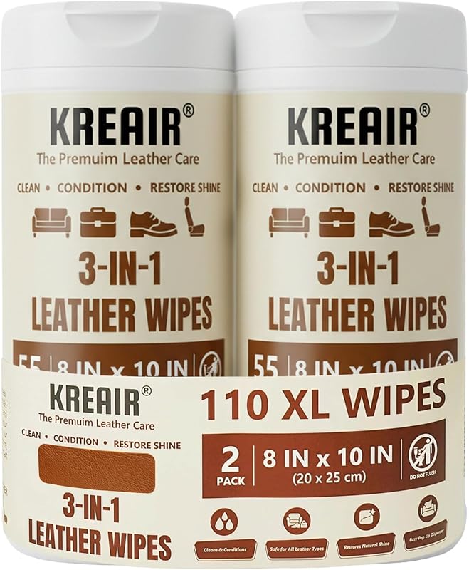 Lenços Umedecidos 3 em 1 para Limpeza de Couro Kreair, 55 unidades por pacote, tamanho extragrande 20,3 x 25,4 cm, kit com 2