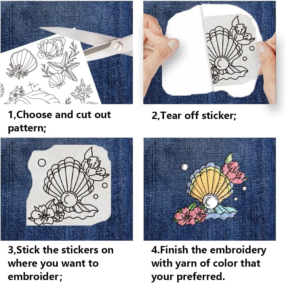 BENECREAT 4 Sheets 50pcs Ocean Theme Water Soluble Hand Sewing Stabilizers, Fish Shell Conch Whale Tear Away Embroidery Stabilizers for Embroidery, Carves, Shirts, Coats, Bags, Towels