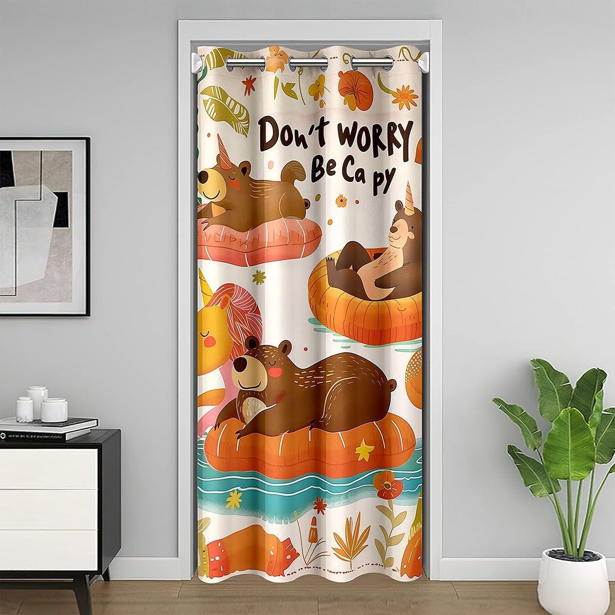 Cartoon Capybara Door Curtain for Doorways Privacy Cute Swim Ring Doorway Curtain Autumn Theme Botanical All Season Blackout Curtain Funny Wild Animal Door Drape, 34" W X 80" L