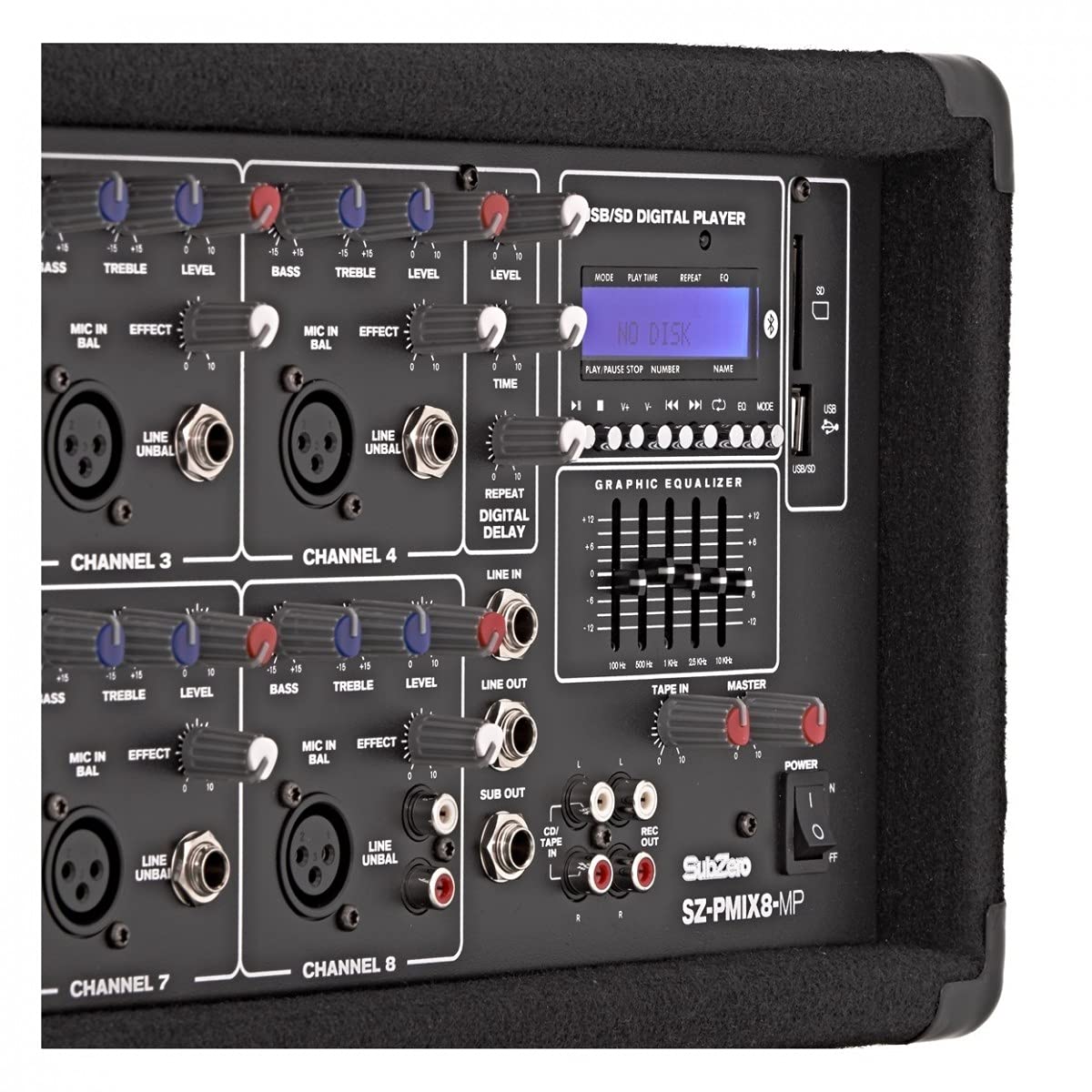 SubZero Powered Mixer mit Media Player &Bluetooth 200W RMS | 8 Kanäle mit XLR- und Klinkeneingängen, 200W RMS/280W Spitze, integrierter MP3-Player mit Bluetooth, 2-Band-EQ pro Kanal