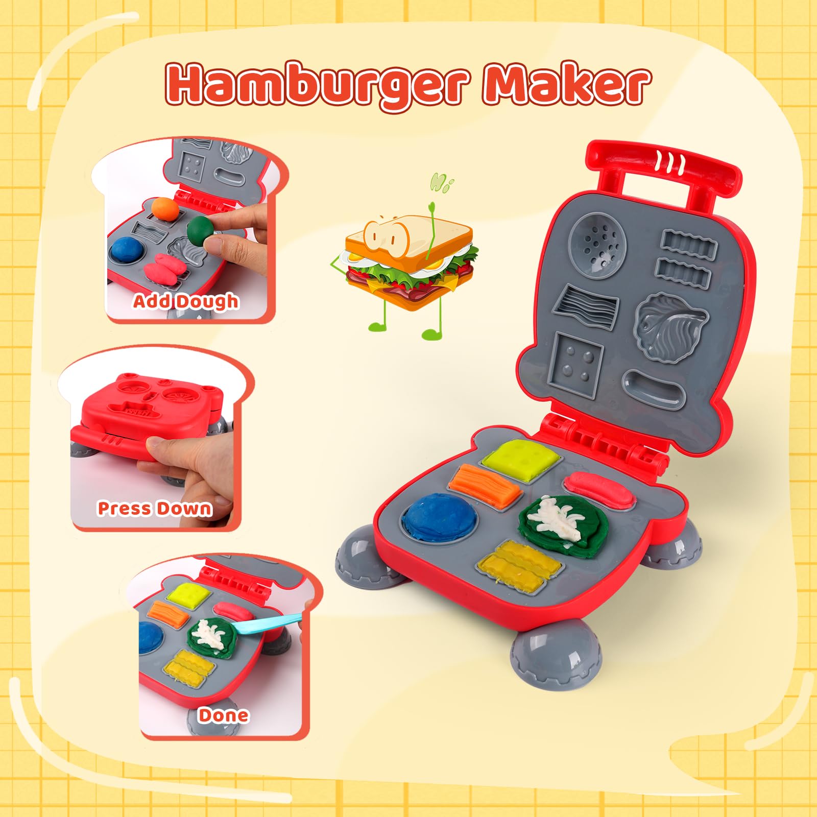 Juego de creaciones de cocina de masa de color 3 en 1 para niños de 3 a 8 años, juego de masa de 24 colores con fabricantes de helados, fideos y hamburguesas, modelado de alimentos, manualidades 6