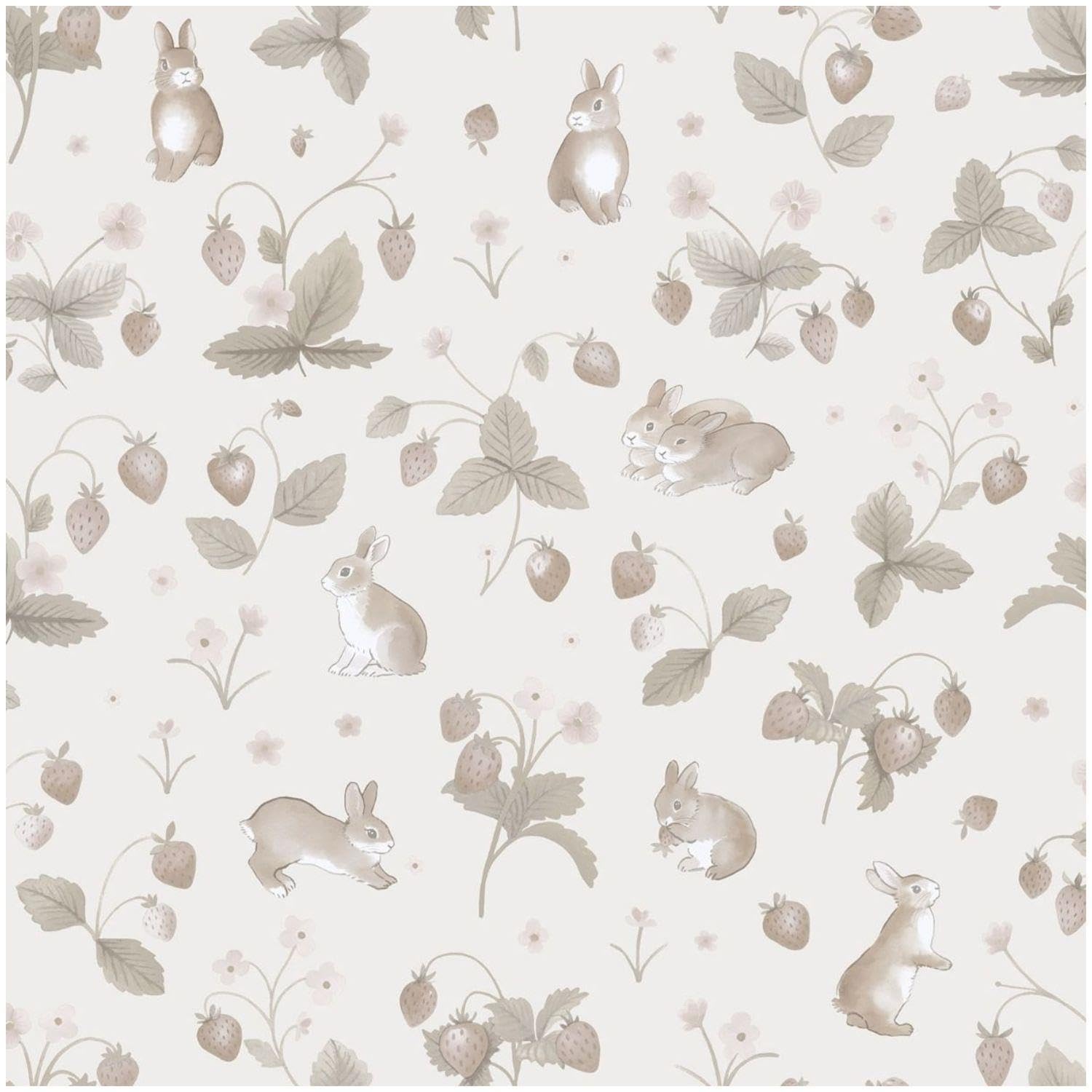Yöl Neutral Bunnies Berries Wallpaper - Washable Paste The Paper - Contemporary Versatile - Kids Bedroom Nursery - Feature Statement Wall - Animal Print Botanical - Playful