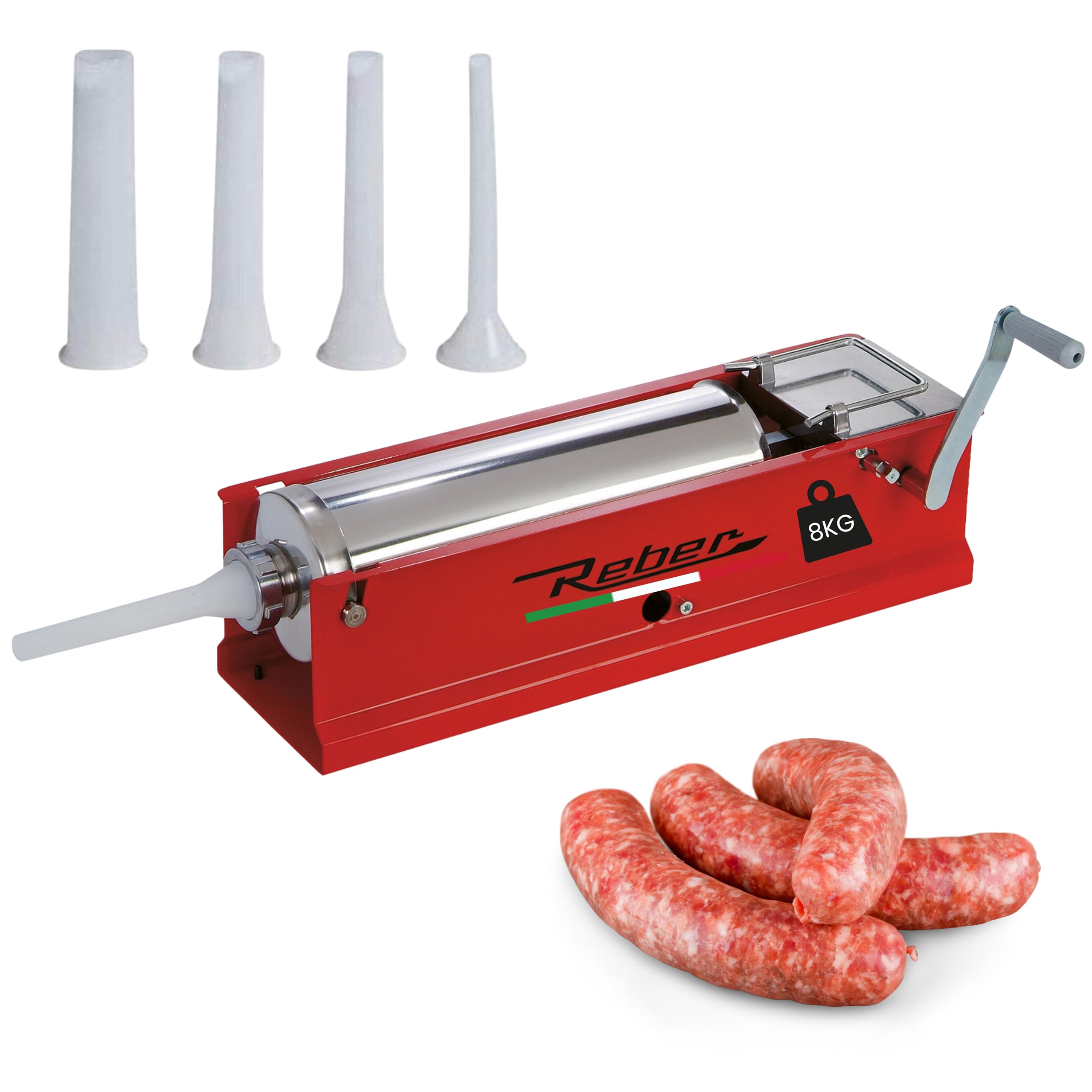 Reber Insaccatrice Manuale 6,8L/8KGS – Macchina per Salsicce Orizzontale con Sistema a 2 Velocità, per Uso Domestico e Professionale - Struttura Robusta in Acciaio INOX – 4 Imbuti Inclusi