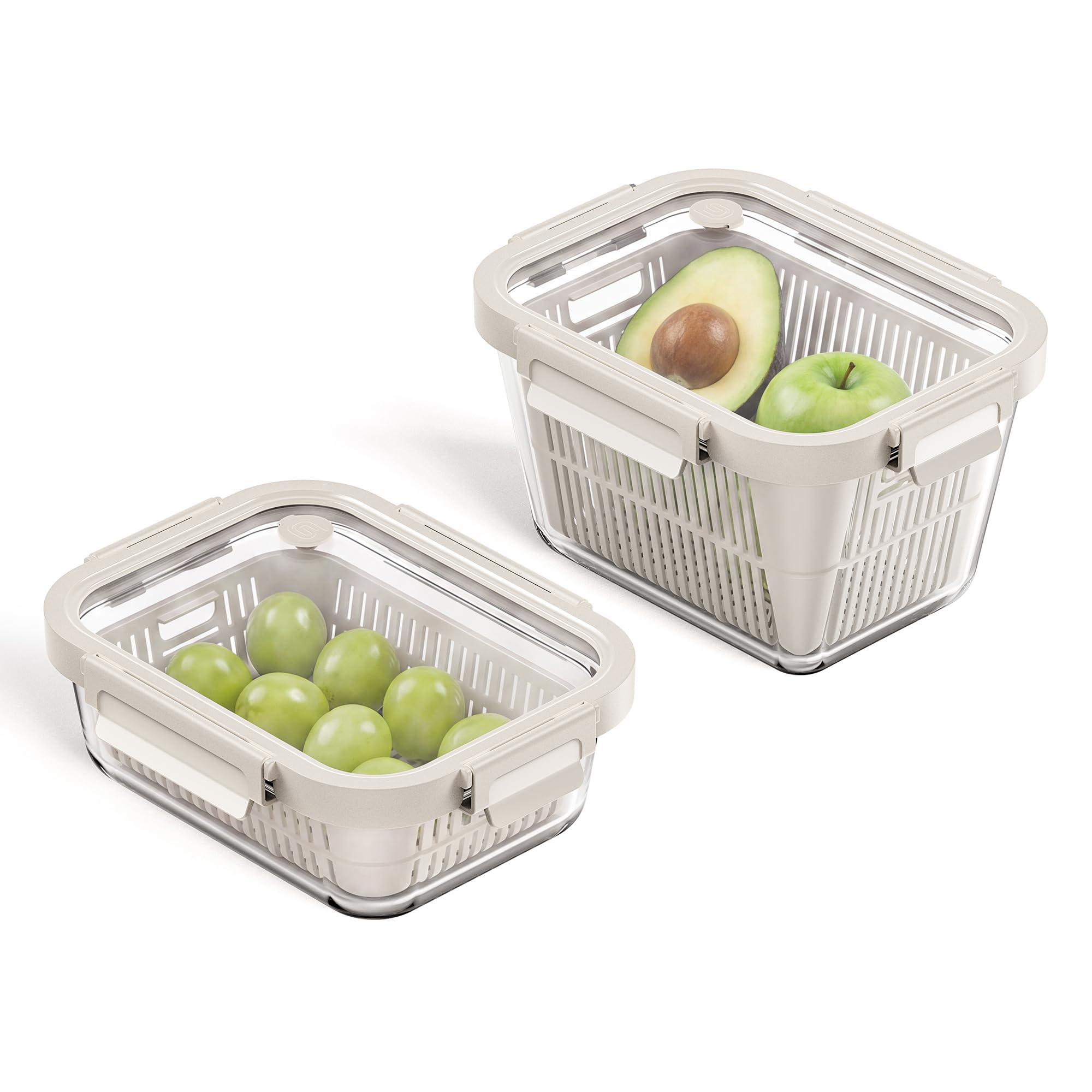GENICOOK Récipients de conservation en verre pour réfrigérateur, 1050 ml + 1800 ml – Récipients hermétiques pour fruits et légumes avec passoires amovibles, couvercles en verre avec aération