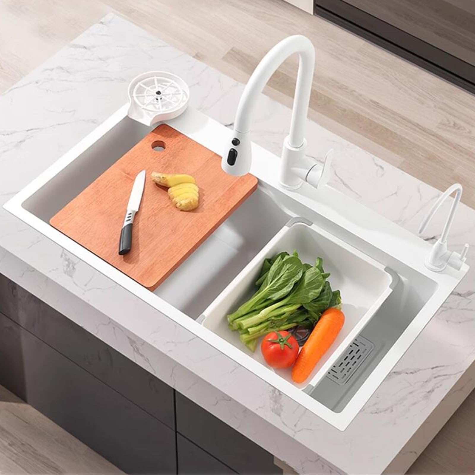 Lavello a vasca singola di grande capacità per lavare verdure e frutta Lavello in acciaio inossidabile Lavastoviglie con rubinetto estraibile Rondella della tazza sifone appartamenti B, Whit,