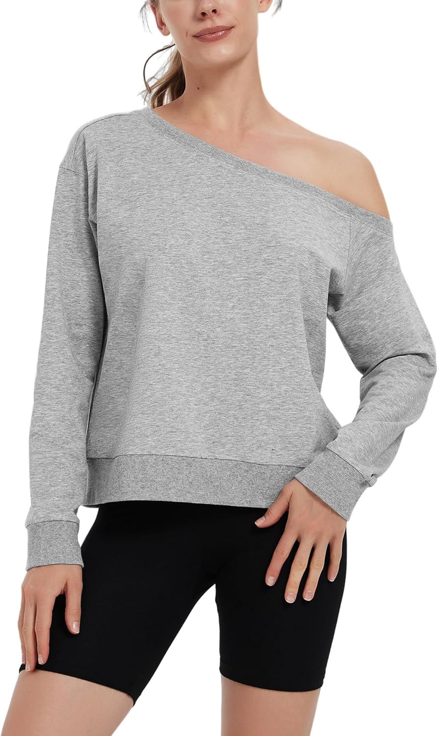 Hiverlay Women’s Off The Shoulder Sweatshirt Long Sleeve Workout Tops Drop Shoulder Cropped Sweatshirts Pullover