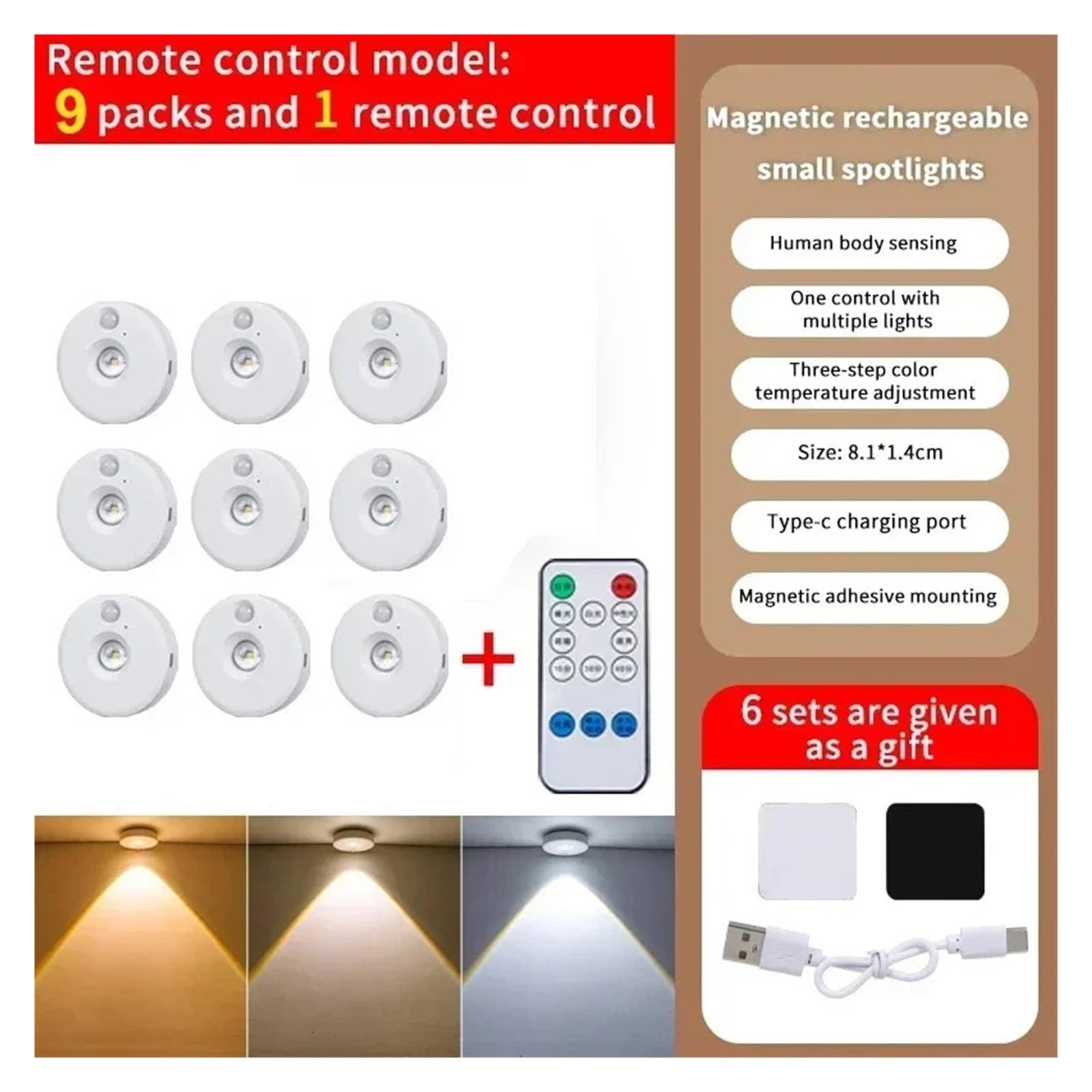Luz Nocturna LED Con Sensor De Movimiento, Inalámbrica, For Debajo Del Armario, Regulable, Recargable Por USB, For Cocina, Pasillo Y(9PCS With Remote)
