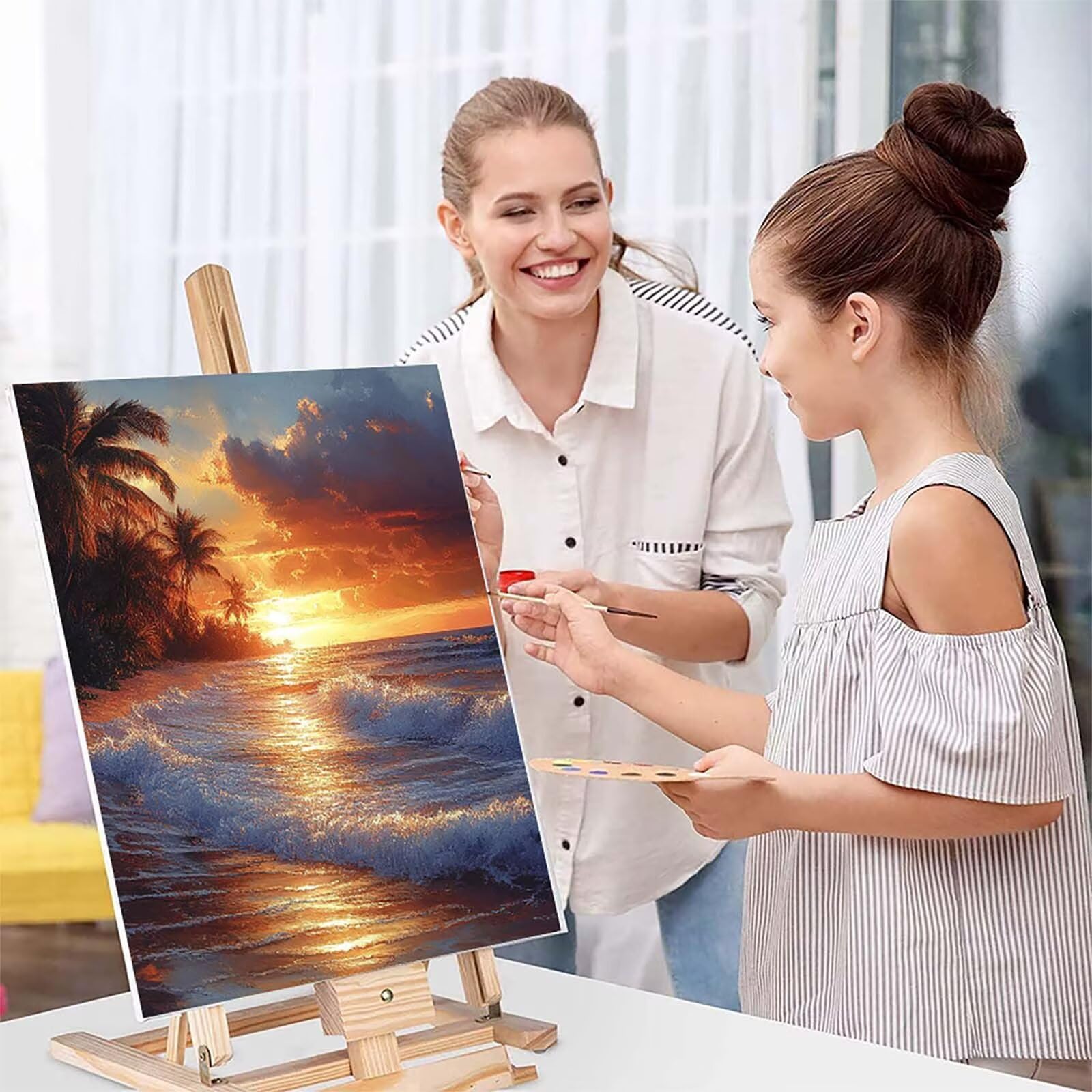 Sonnenuntergang Malen Nach Zahlen Erwachsene mit Rahmen, Malen Nach Zahlen Landschaft, DIY Bastelset Erwachsene, Handgemalt Ölgemälde Kit mit Pinseln und Acrylfarbe, Deko Wohnzimmer 90x120cm E-2532
