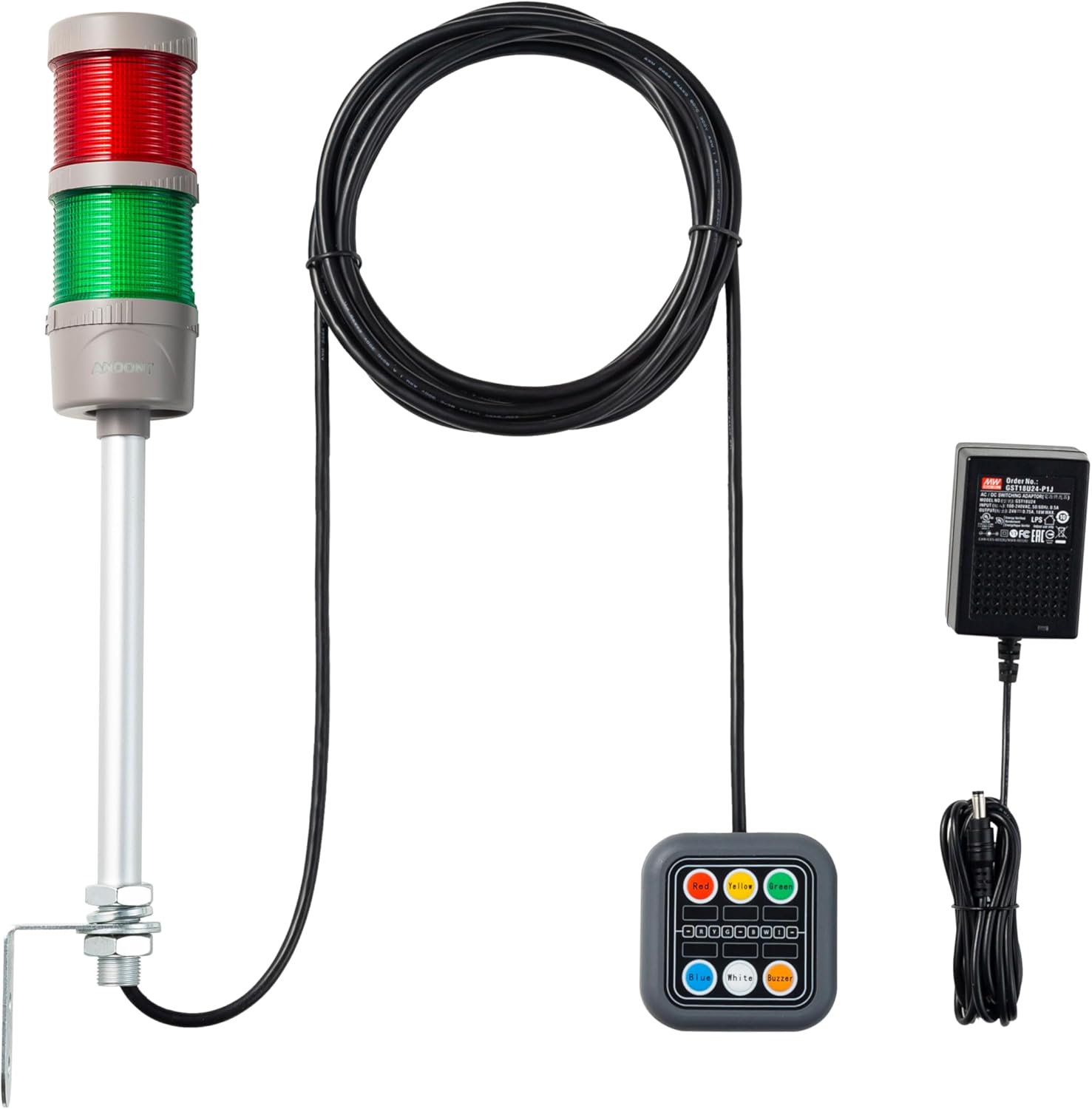 2-Stack LED Andon Tower Signal Light with Buzzer, Red/Green, On/Off/Flash, Control Box, Mean Well Industrial Power Adapter 6 ft & 16 ft Extension Cord, Plug-and-Play