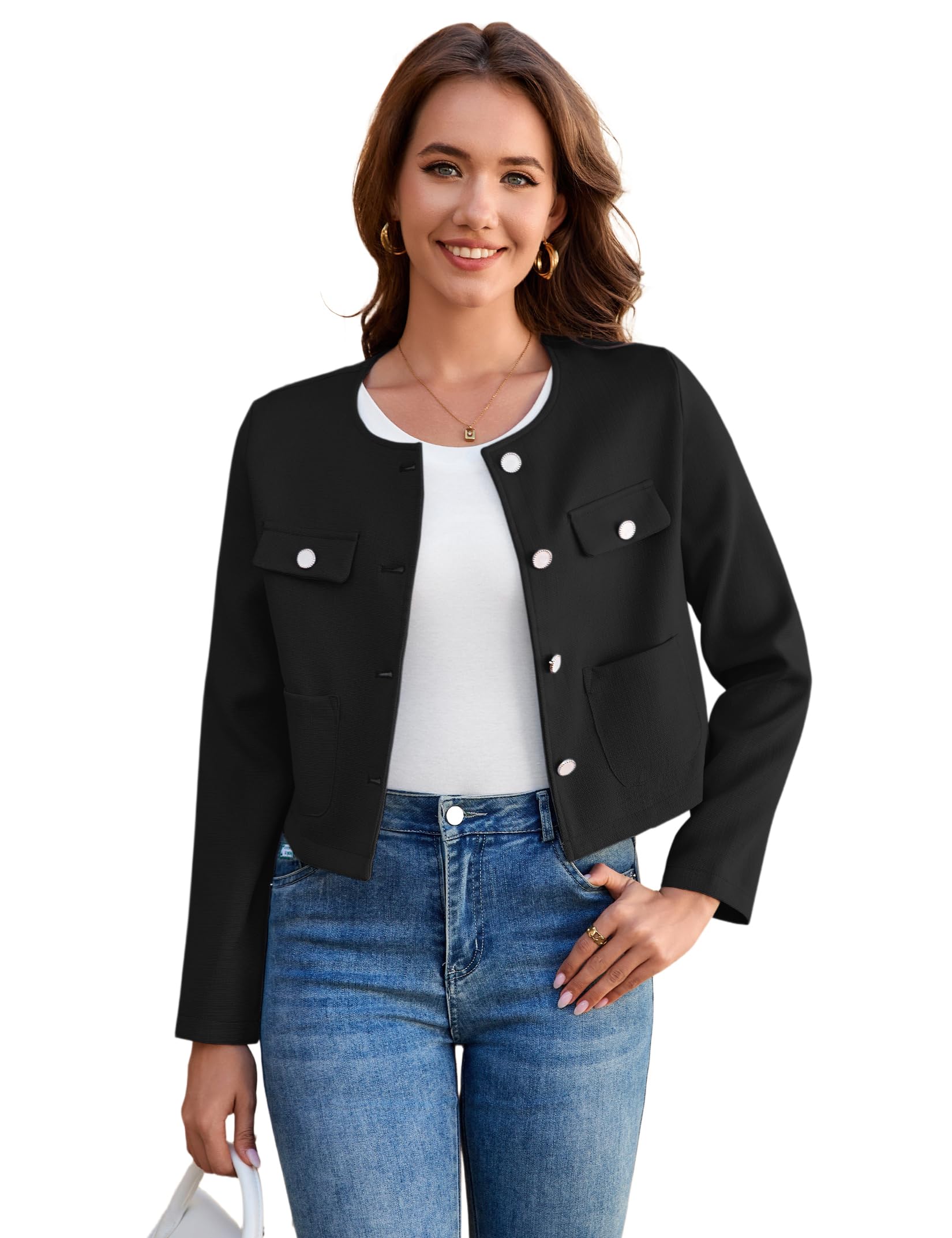 Yesfashion Boléro court à col rond pour femme - Cardigan à manches longues - Boléro festif de mariage pour robe, pantalon