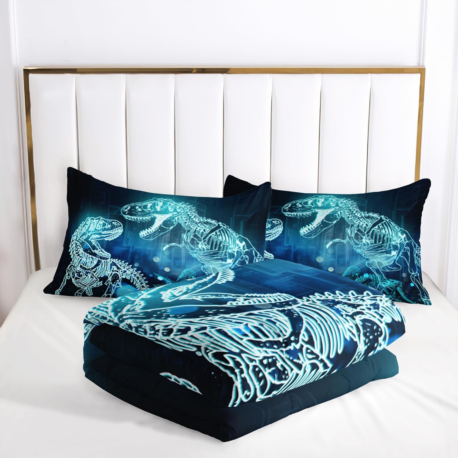 Dinosaur Comforter Set for Teens Boys Girls,Dino Eyes 3 Pieces Bedding Set Twin,Dark Blue Lightweight Down Alternative Bedding Sets for All Season - Image 6