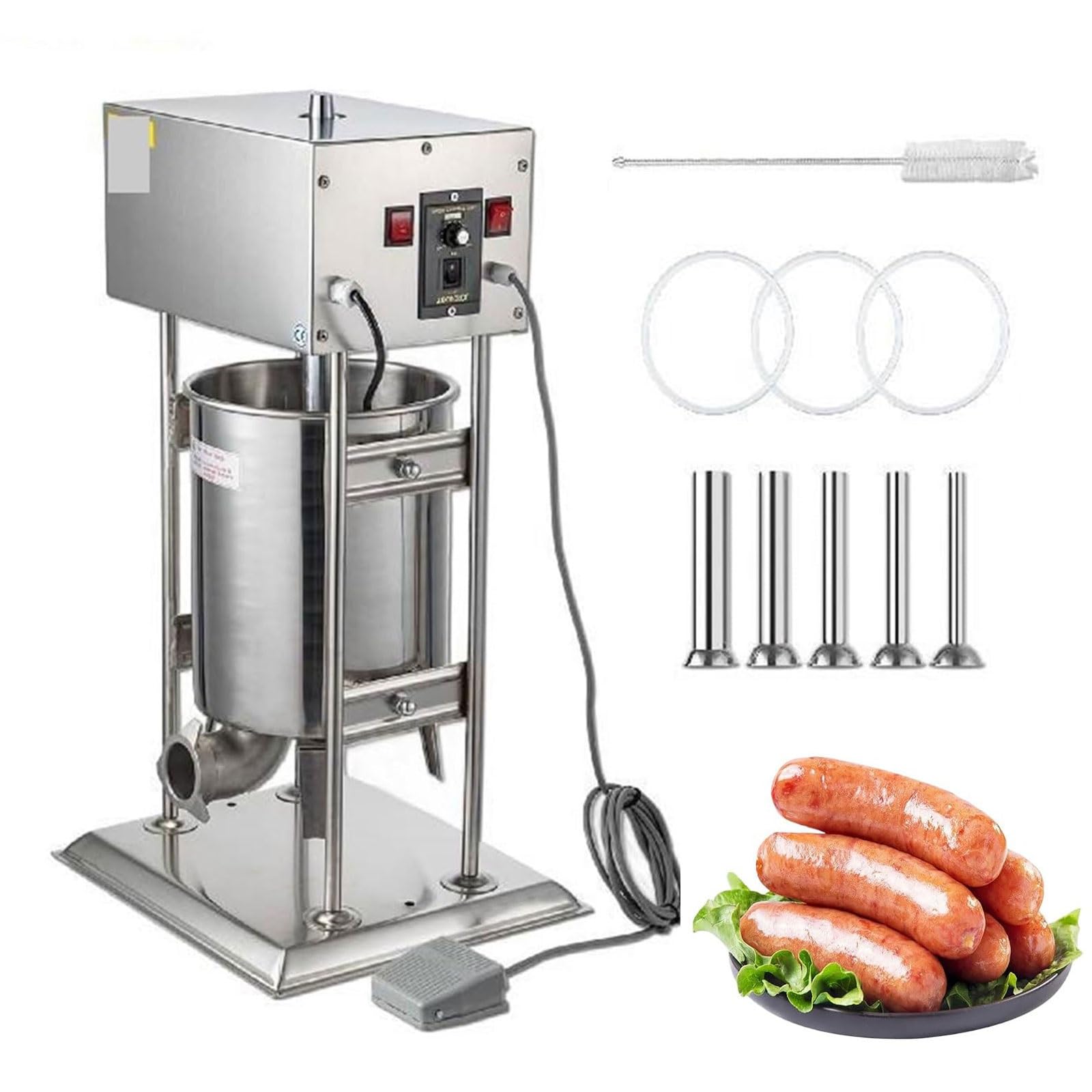 Relleno eléctrico de salchichas, máquina para hacer salchichas de acero inoxidable de 10/12/15L con velocidad ajustable y 5 tubos de relleno, máquina de llenado de carne de salchicha vertical