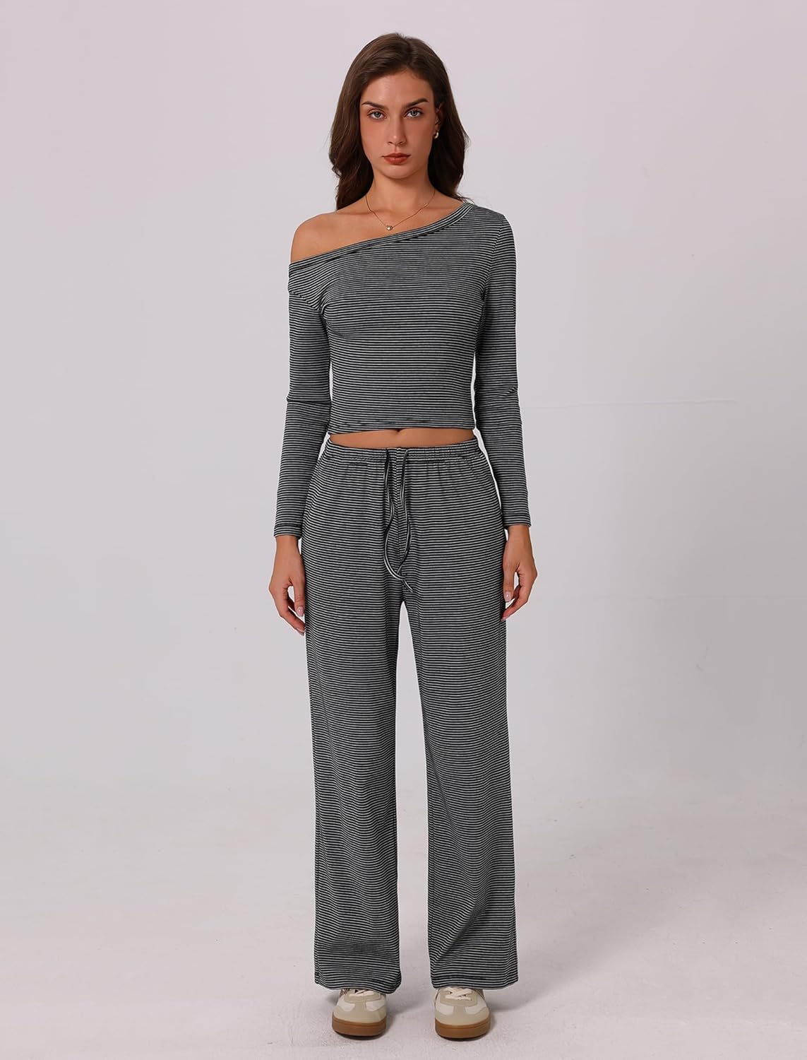 2 Piece Sets for Women Long Sleeve Off-shoulder Stripe Print Crop Top and Wide Leg Pants Casual Tracksuits - Image 5