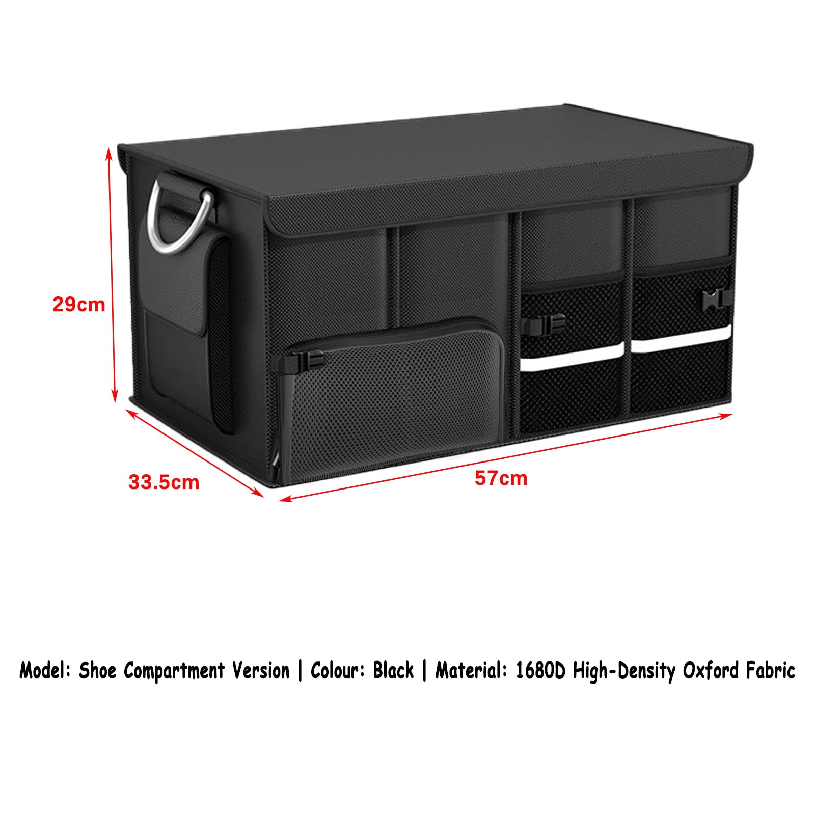 Kofferraumtasche, Kofferraum Organizer mit Deckel, Faltbare Auto Kofferraumtasche, Koffertasche, stabil und rutschfest, faltbar mit Aluminiumgriffen und Reflexstreifen QSN01-Black