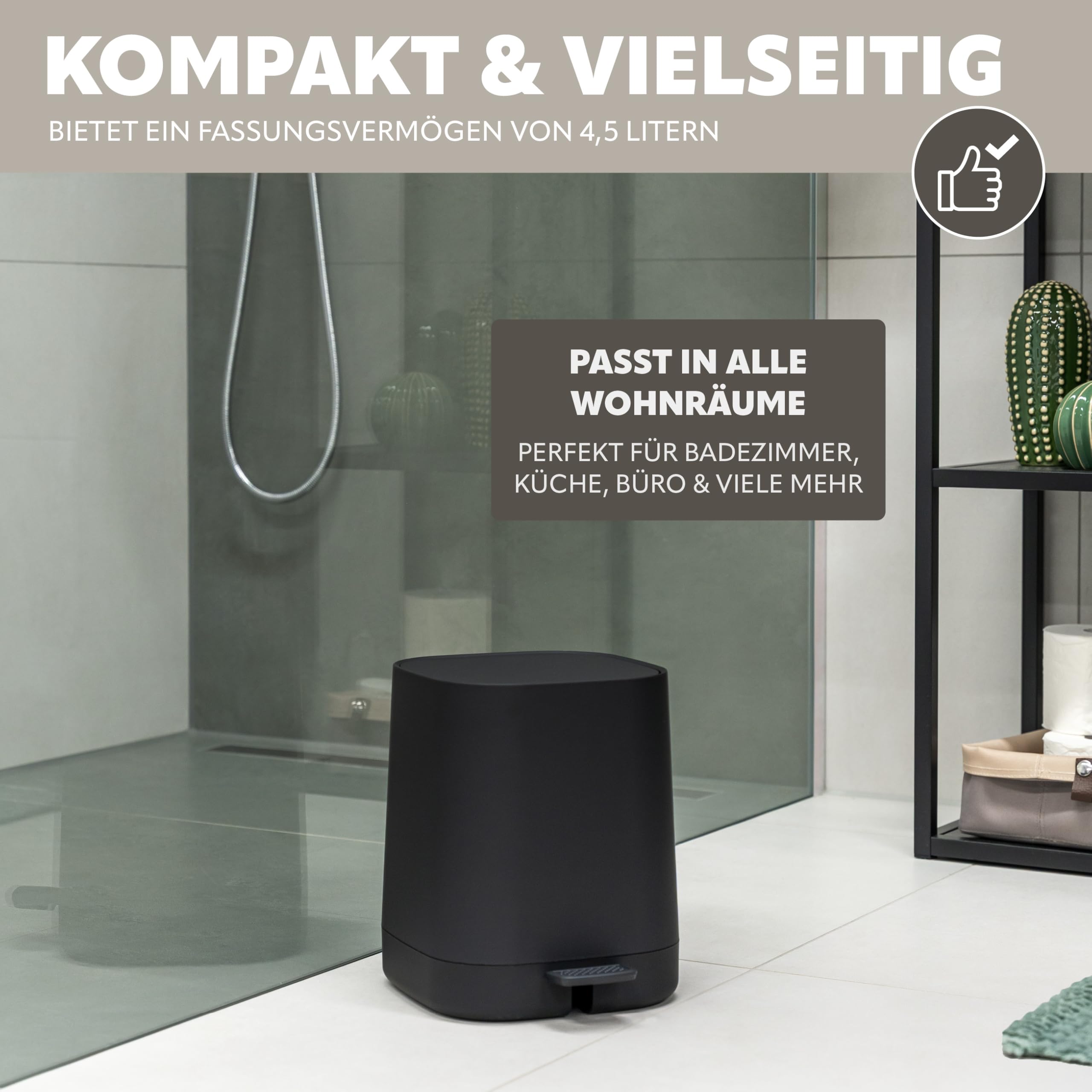 eluno Badezimmer-Set VALONA mit Soft-Touch Oberfläche, Bad-Accessoires Set 5tlg., Seifenspender, Becher, Schale, Kosmetikeimer und WC-Garnitur ideal für Bad und Gäste-WC aus Kuntstoff (Schwarz)