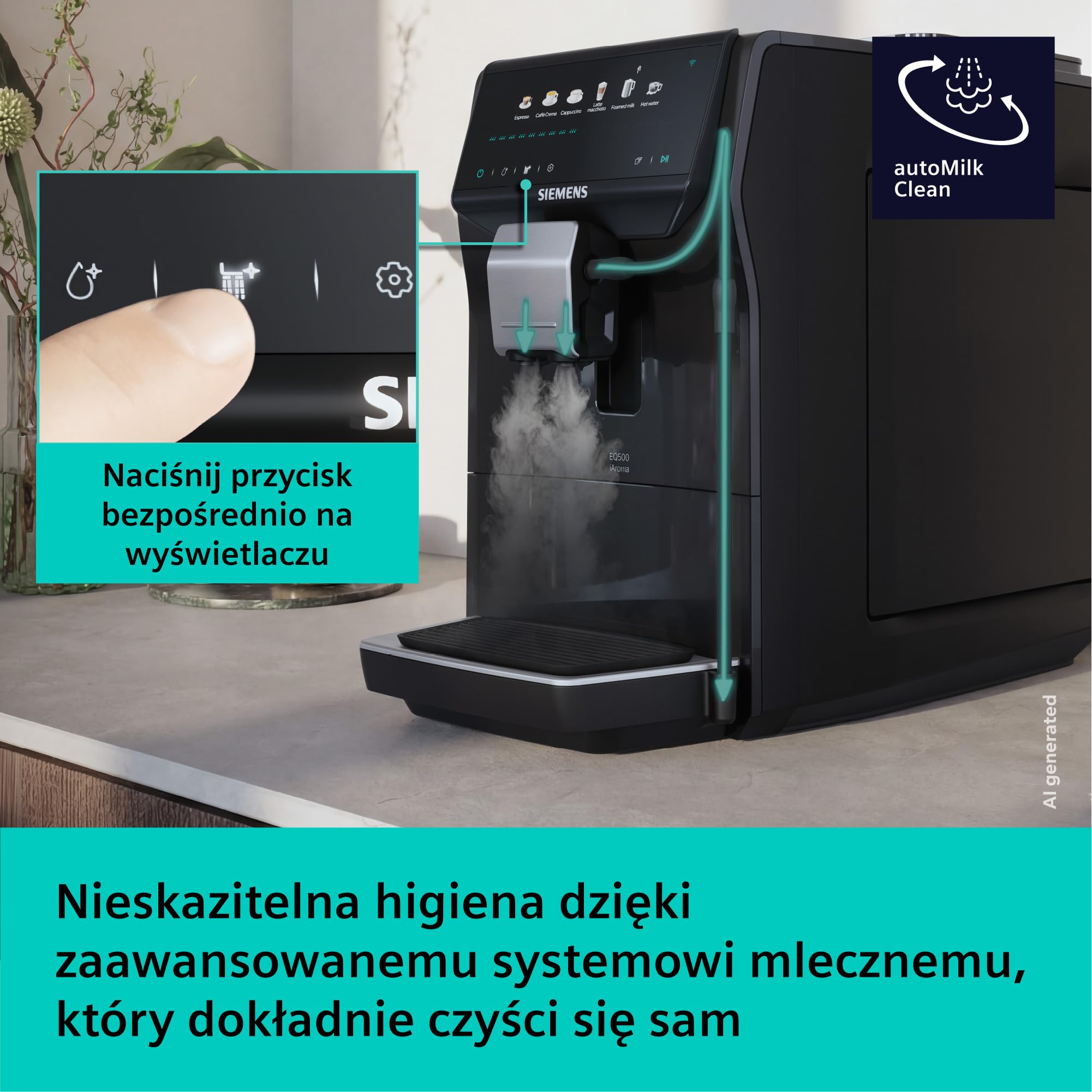 Siemens EQ500 iAroma, w pełni automatyczny ekspres do kawy ze zintegrowanym młynkiem, dotykowe sterowanie dla 6 napojów i szybka personalizacja, łatwe czyszczenie, czarny, TP551E07