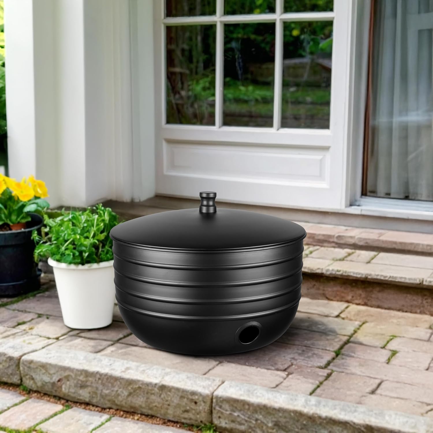 Monarch Abode Garden Hose Holder with Lid – Decorative Water Hose Holders for Outside, Border Embossed Metal Matte Black Pot with Drainage, 100ft Waterhose Holder for Outside, Garden Storage Caddy