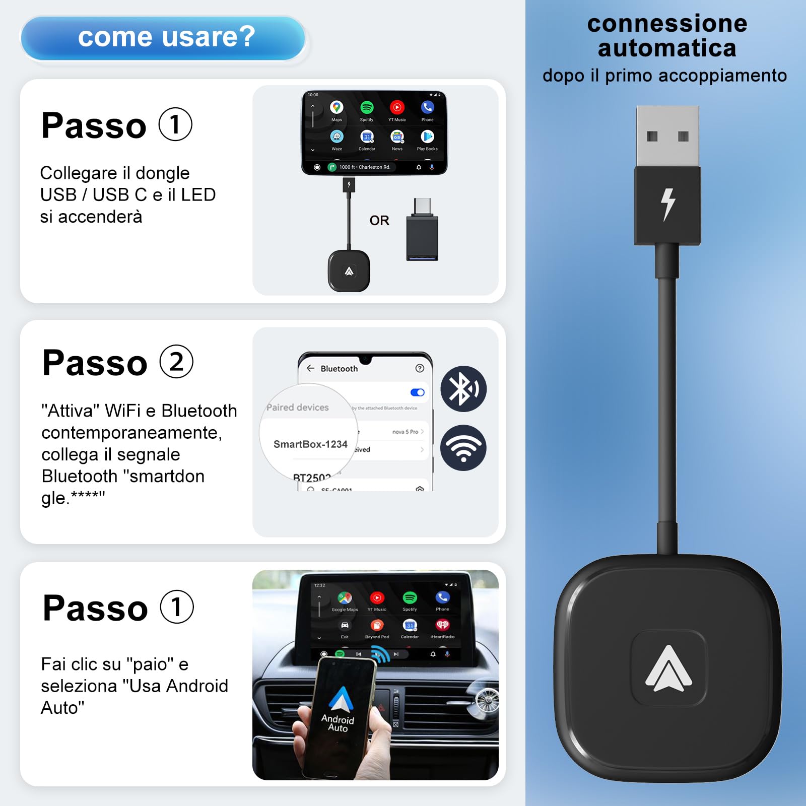 Adattatore Senza Fili Android Auto, Dongle USB C/USB per Autoradio Cablato OEM, Adattatore Wireless Compatibile con il 98% delle Auto