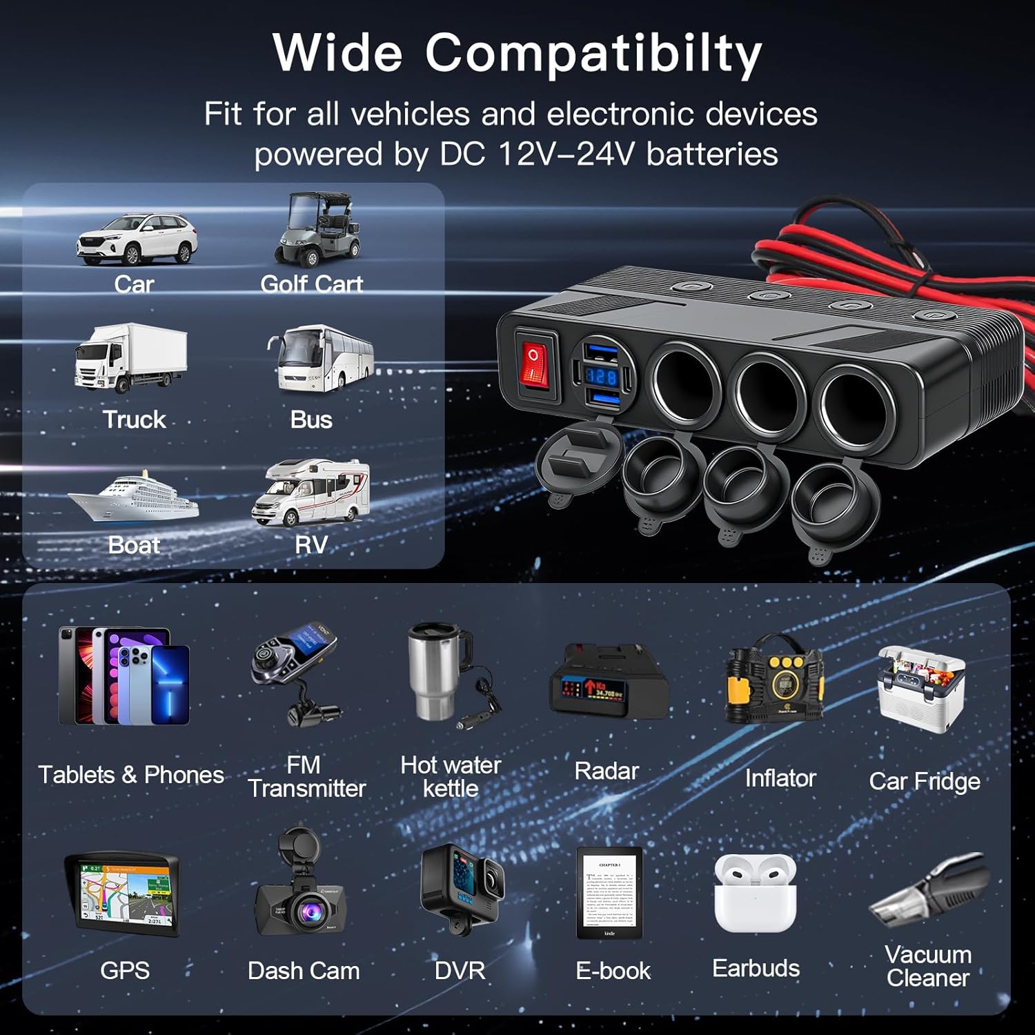 7 in 1 Cigarette Lighter Socket Splitter, 3 Socket Car Charger Adapter with 4 Ports PD66W/QC18W USB Outlet | Independent Switches | Digital Voltmeter, 12V/24V Power Outlet for All Car Devices
