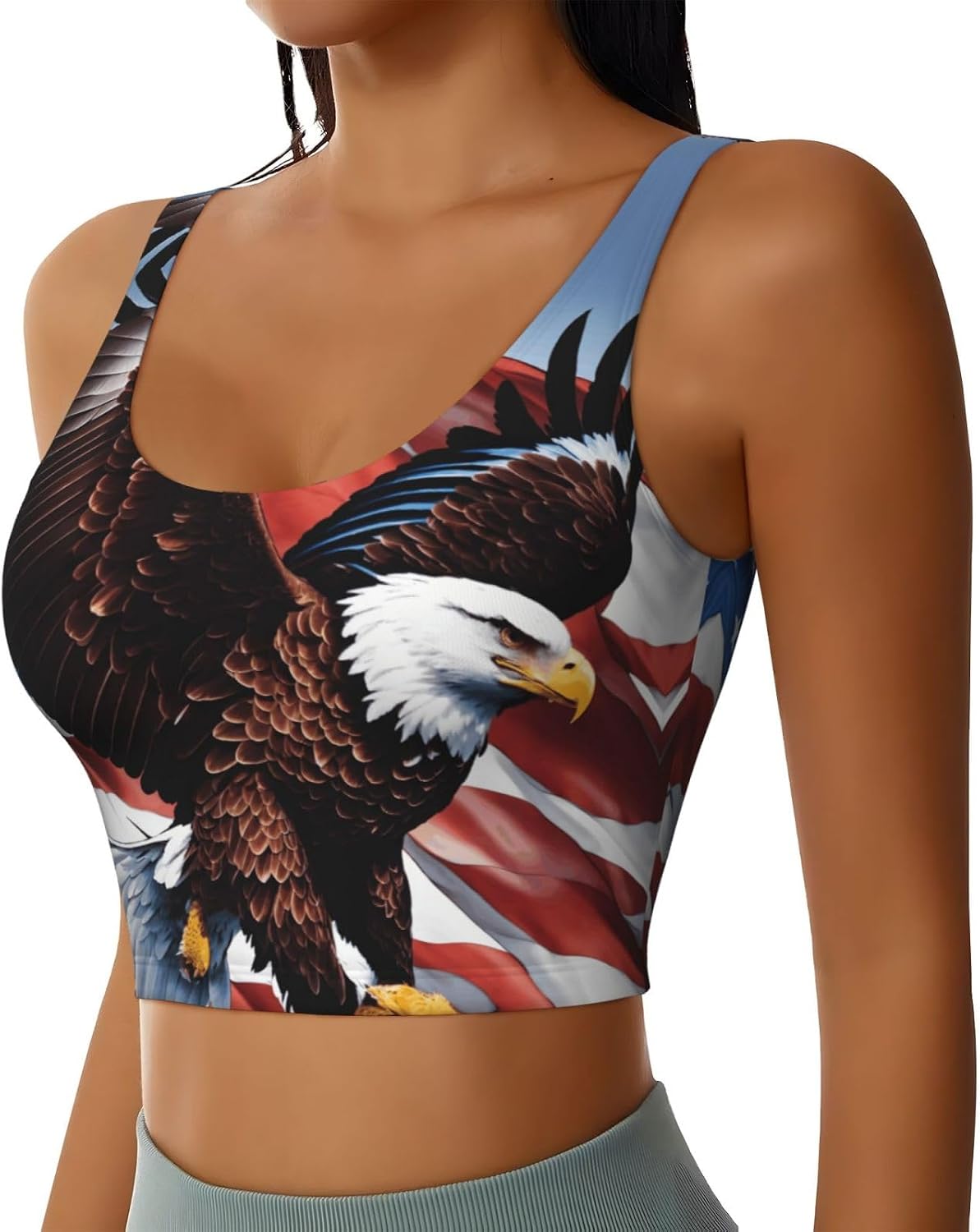 Eagle with USA Flag Print High Impact Sports Bras,Longline Sports Bra,Perfect for Yoga,Running and Gym Workouts