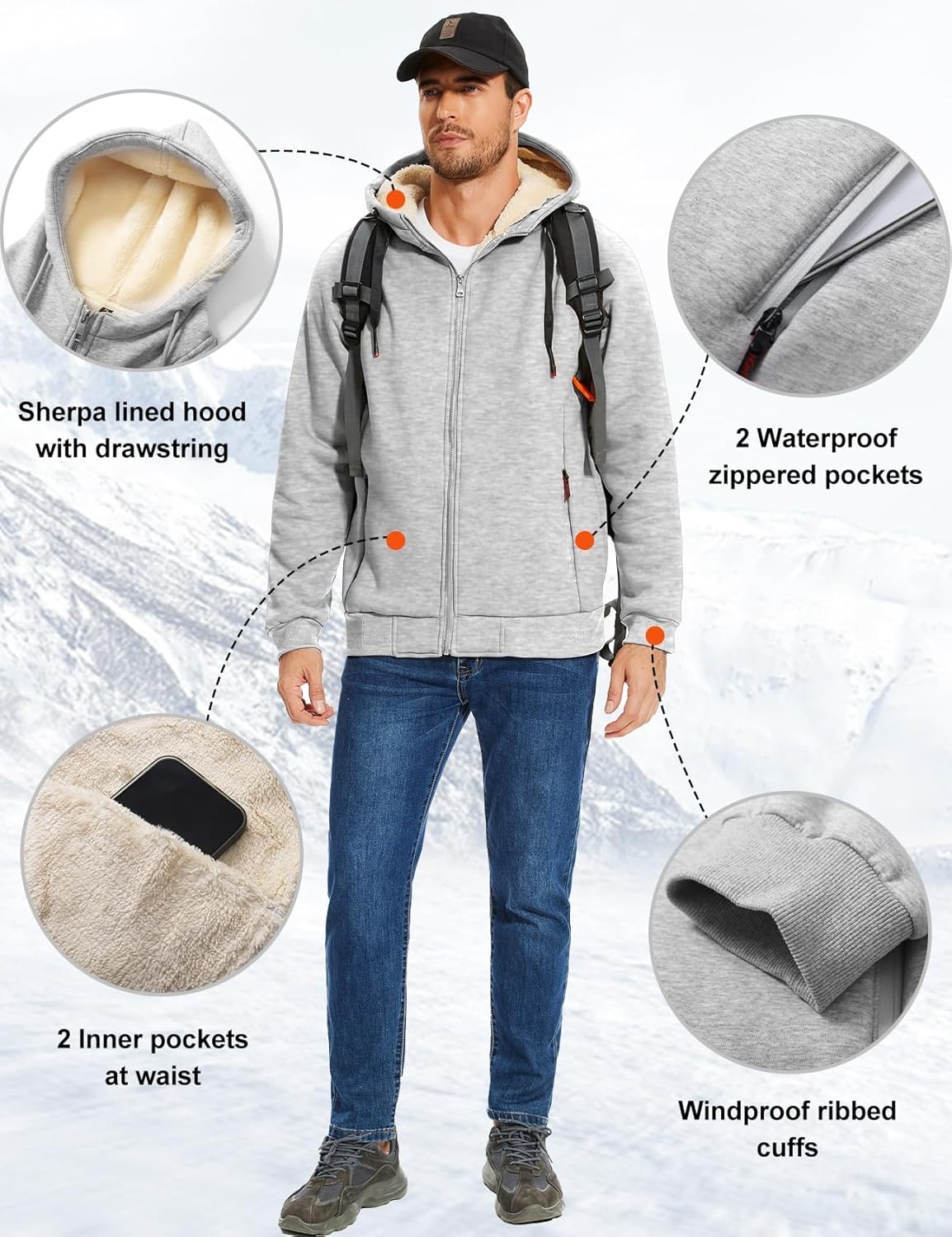 Flygo Sherpa Hoodies for Men Zip Up Winter Fleece Lined Hooded Sweatshirt Heavyweight Warm Jackets - Image 6