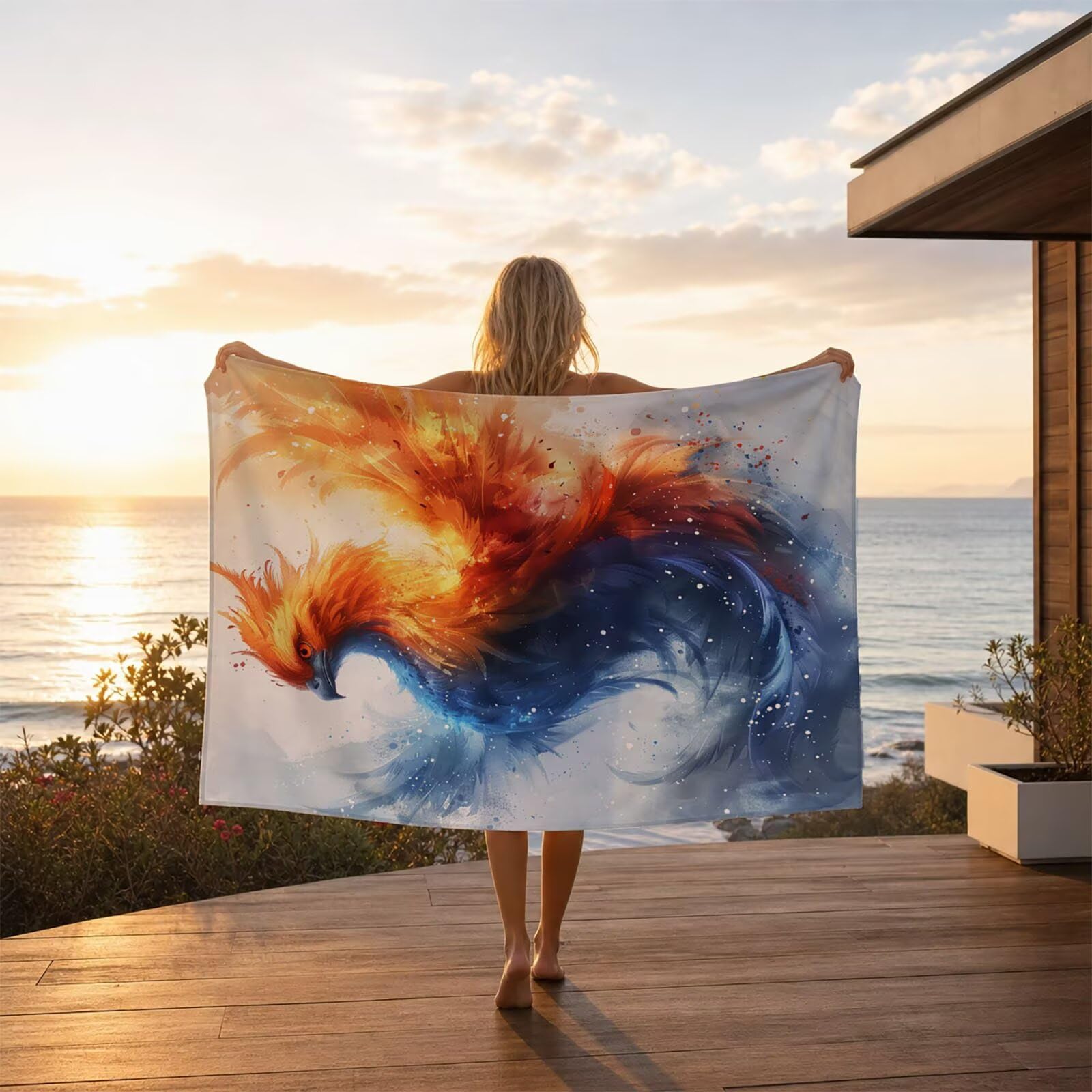 Ręcznik plażowy Feniks 160 x 220, ręcznik plażowy z motywem zwierzęcym oversized lekki komfort, ręcznik plażowy 220 x 160 cm, jako duży ręcznik kąpielowy do sauny na siłownię dla mężczyzn kobiet