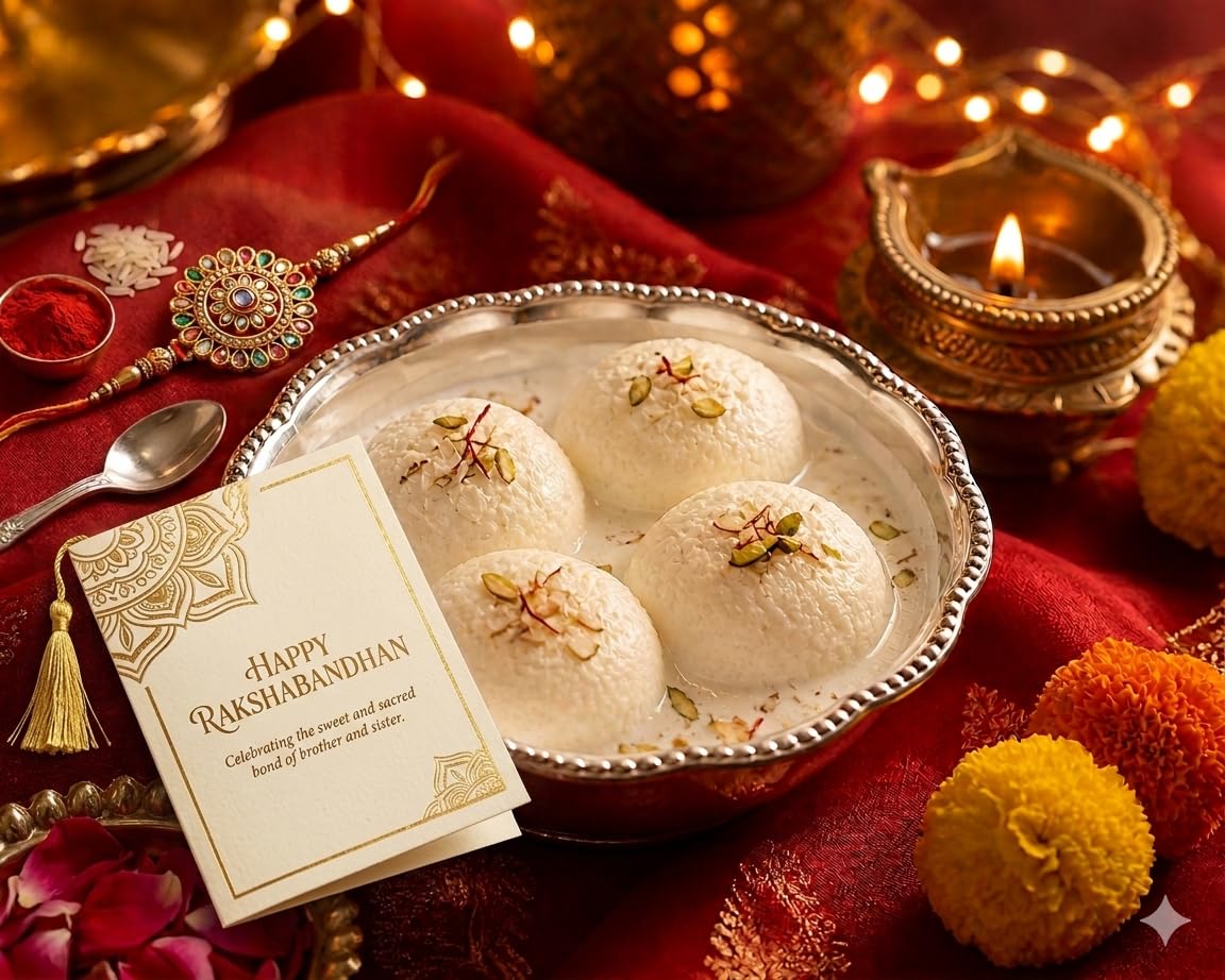 Ghasitaram's Rasmalai Patty Festive Tin Box with Rakhi, Roli, Chawal and Card, Vegetarian, 1 kg, 4 Count-image-25