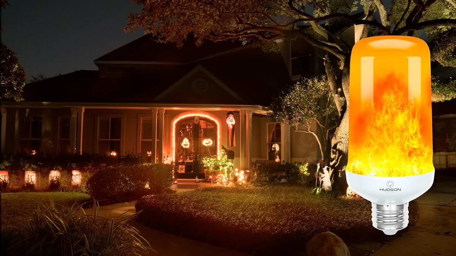 Hudson LED Halloween Bulbs - Flame Effect, 4‑Mode Upside Down & 3W Flicker - E26/E27 Orange Fire - 2‑Pack for Indoor/Outdoor - Flame Light