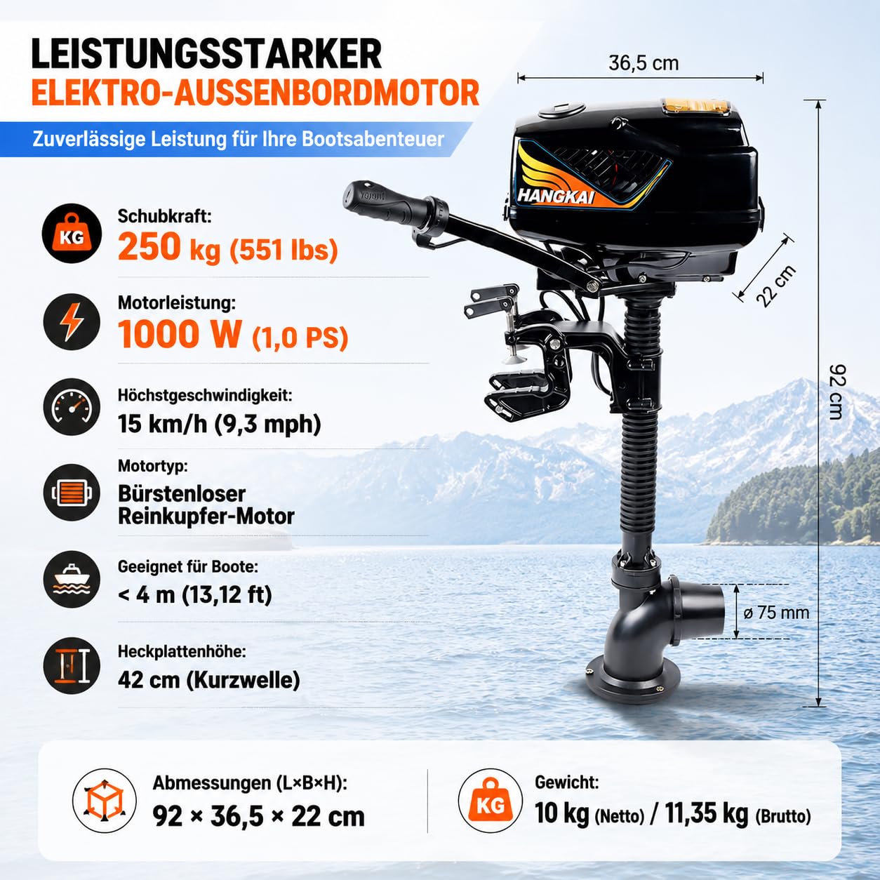 1000W Außenbordmotor, Elektrischer Anlasser mit 3000–3700 U/min | 1,0 PS Außenborder, Aluminium Bootsanlasser für Aufblasbare Fischerboot Fischerboot und Angeln, (Ohne Batterien)