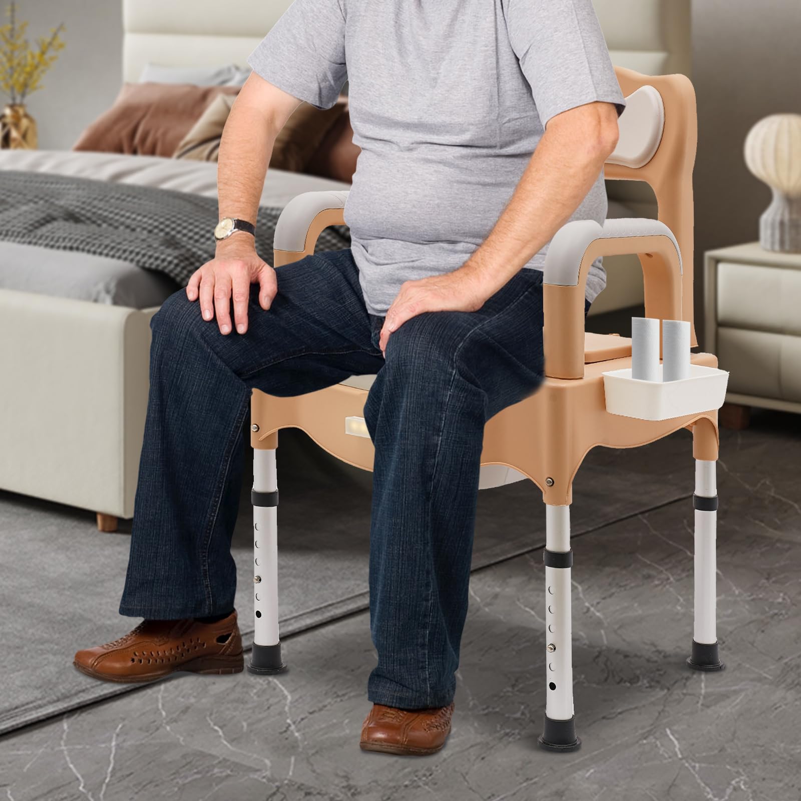 Krzesło toaletowe dla seniorów, z regulacją wysokości 41,5-54 cm, krzesło do WC z wiadrem, oparciem i podłokietnikami, krzesło łazienkowe dla osób starszych i dorosłych, do 250 kg (khaki)