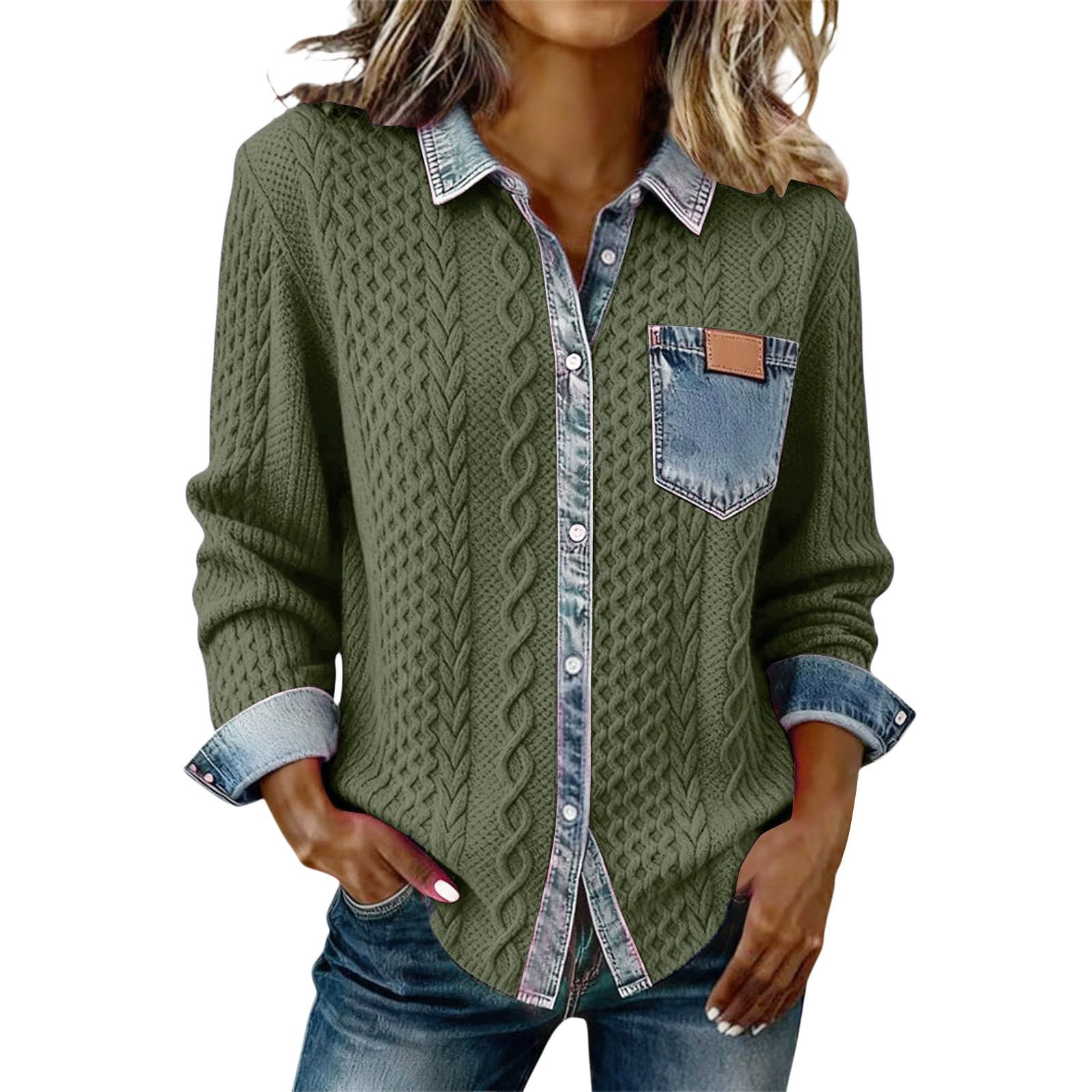Camicia in Denim Patchwork Donna Chic Ed Elegante Manica Lunga Maglione Girocollo Tinta Unita Maglione Top Outdoor Grandi Taglie Abbigliamento per Primavera Autunno Inverno Giacca Moda
