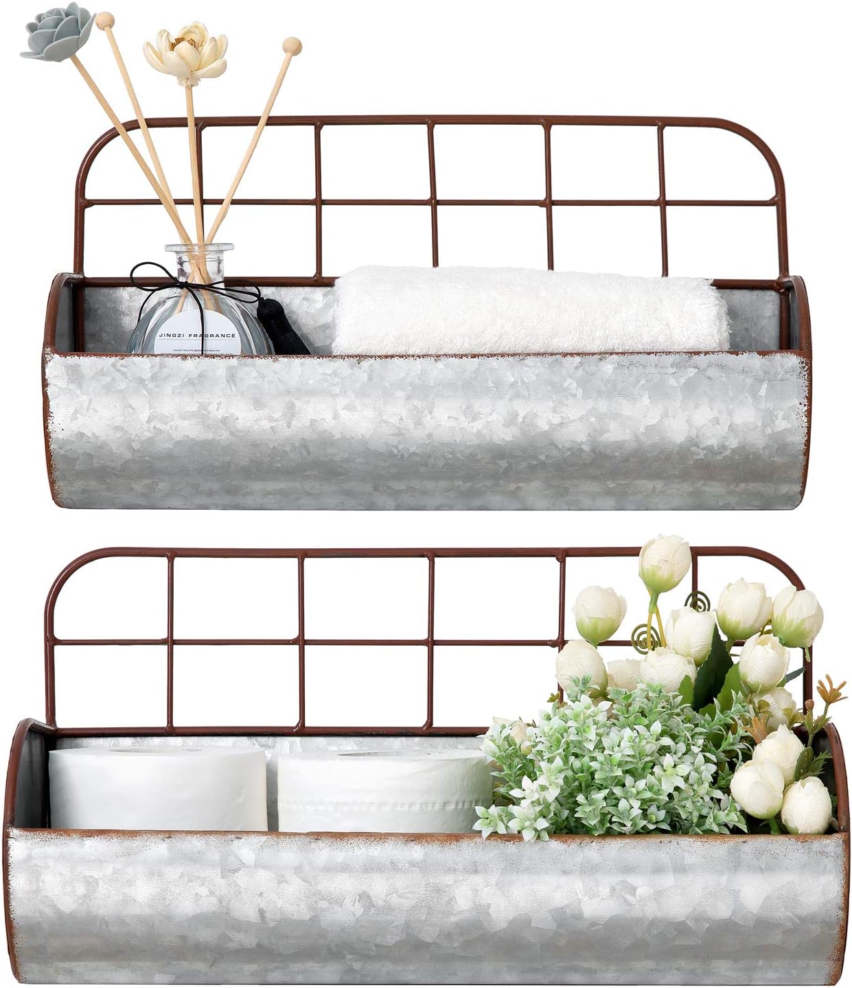 Dahey Galvanized Wall Basket Farmhouse Bathroom Decor Storage Bin Organizer Rustic Metal Wall Planter Wire Back Hanging Shelves for Bedroom Living Room Kitchen Apartment Entryway Laundry, Set of 2