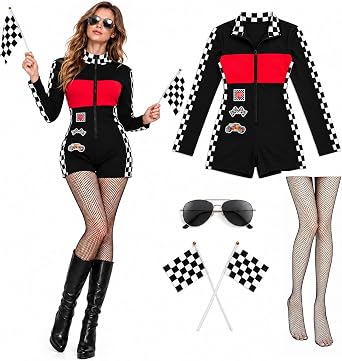 5PCS Halloween Race Car Costume for Women, Racing Jumpsuit Outfit