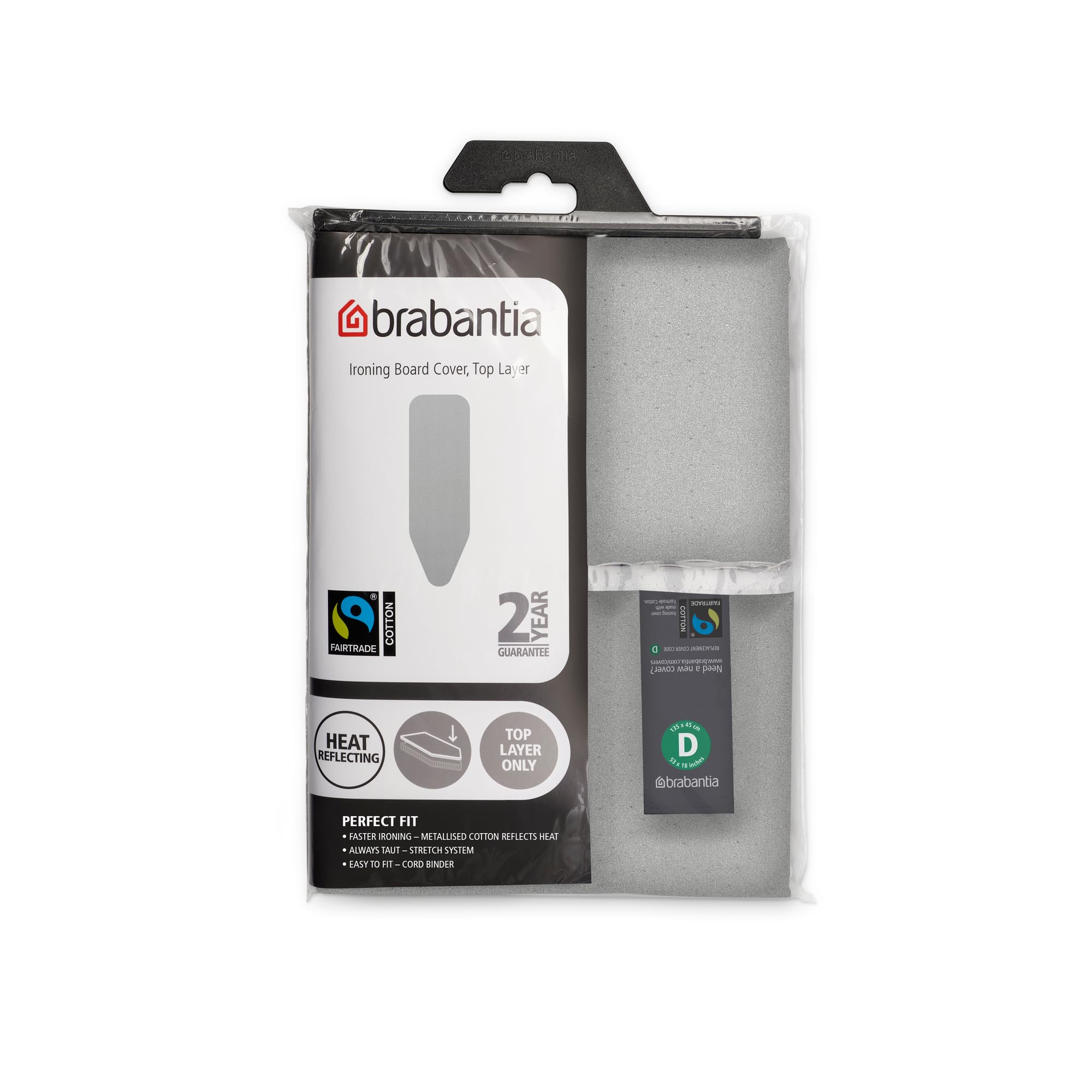 Brabantia Ironing Board Cover D 135x45 cm – Metallised | 100% Cotton Top Layer with 2mm Foam Padding & Heat-Resistant Zone for Size D Ironing Boards | Durable, Washable, Easy to Install
