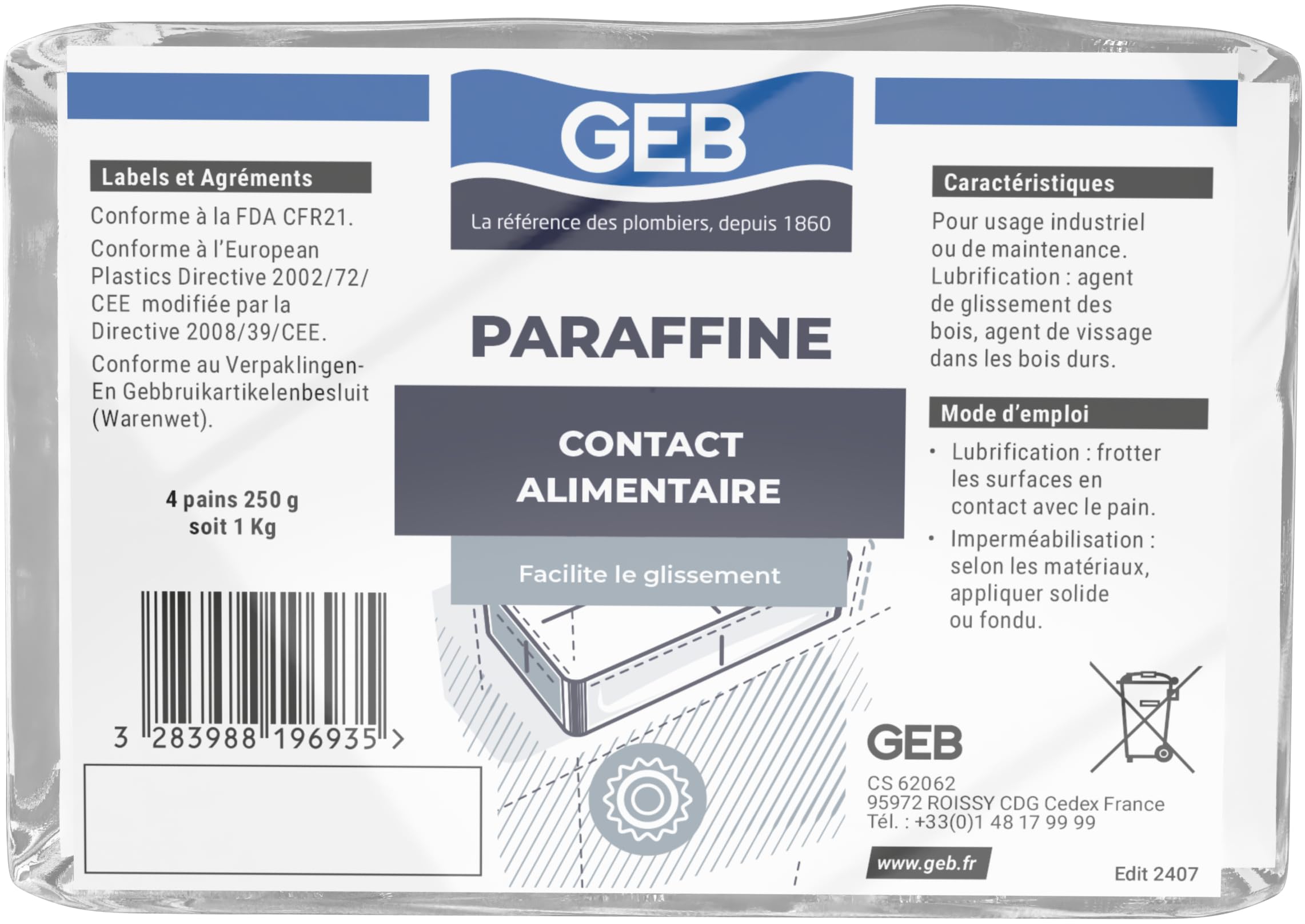Paraffine contact alimentaire GEB 1 kg pour imperméabilisation et lubrification