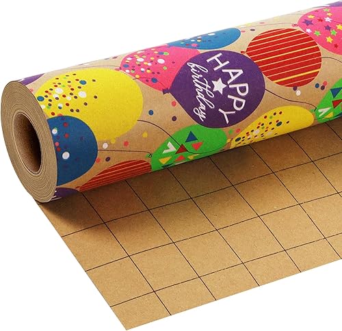 BIOBROWN Rollo de papel de regalo de estraza con diseño de globos coloridos, perfecto para envolver cumpleaños o vacaciones, 17 pulgadas x 33 pies