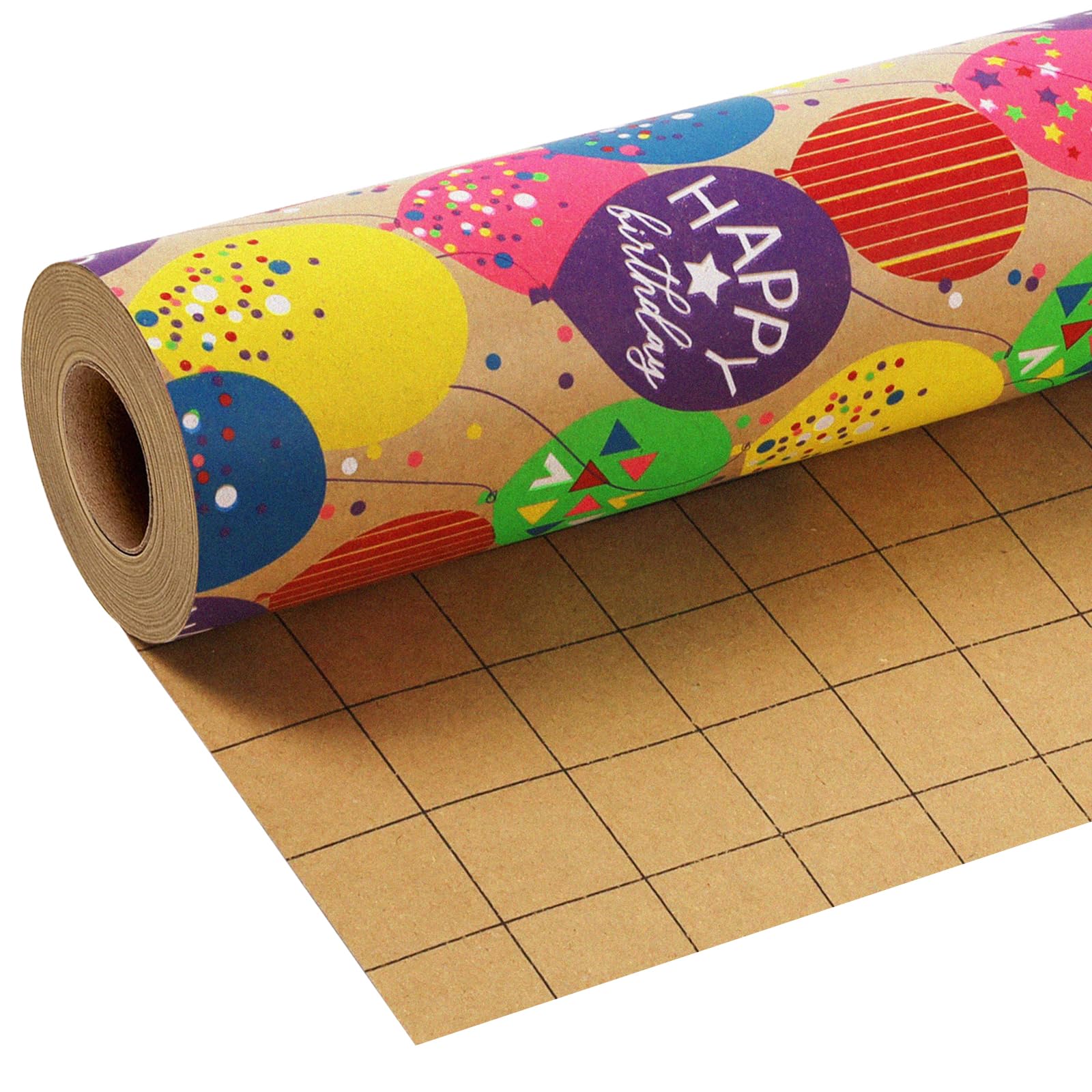 BIOBROWN Rollo de papel de regalo de papel de estraza, diseño de globos coloridos, perfecto para envolver cumpleaños y vacaciones, 17 pulgadas x 33 pies
