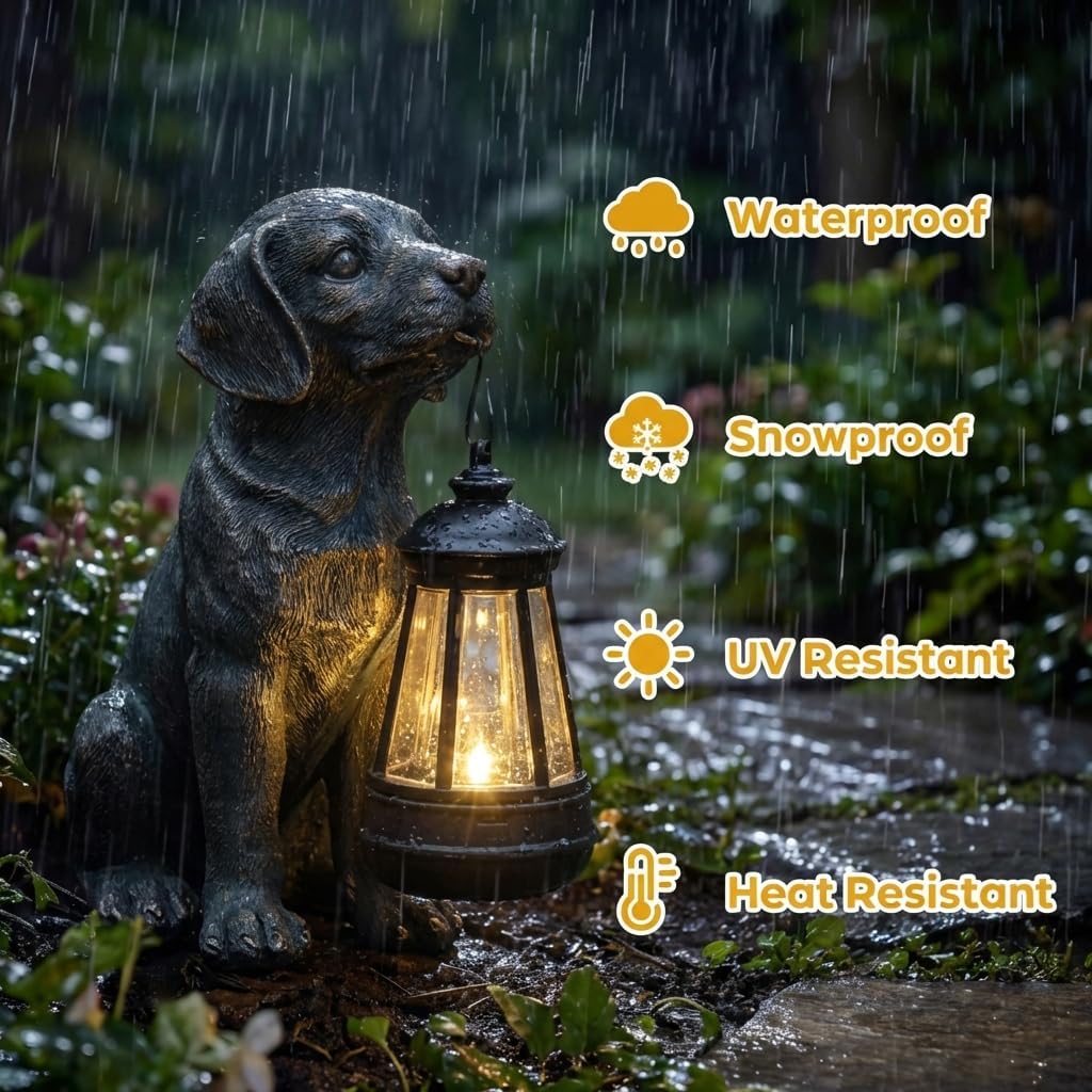 Lyeasw Solar Dog Statues with Lantern – Waterproof Outdoor Dog Figurines for Garden, Yard & Porch, Auto On/Off Solar Light, Birthday Gifts for Mom & Dog Lovers, Dog Memorial Gifts