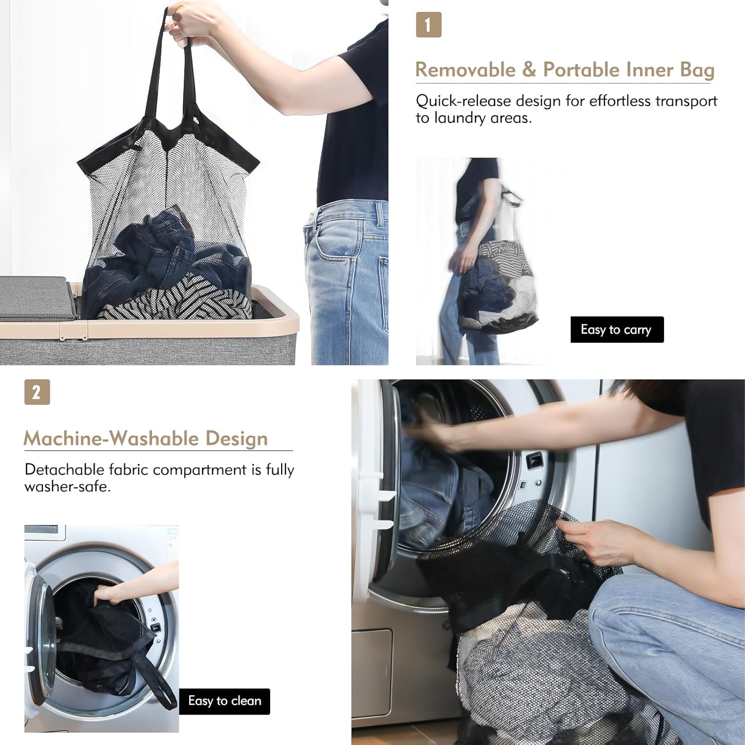 DOKEHOM 160L Double Laundry Basket with Removable Lid and Laundry Bags, Large Collapsible Laundry Hamper with 2 Sections (Dark Grey)